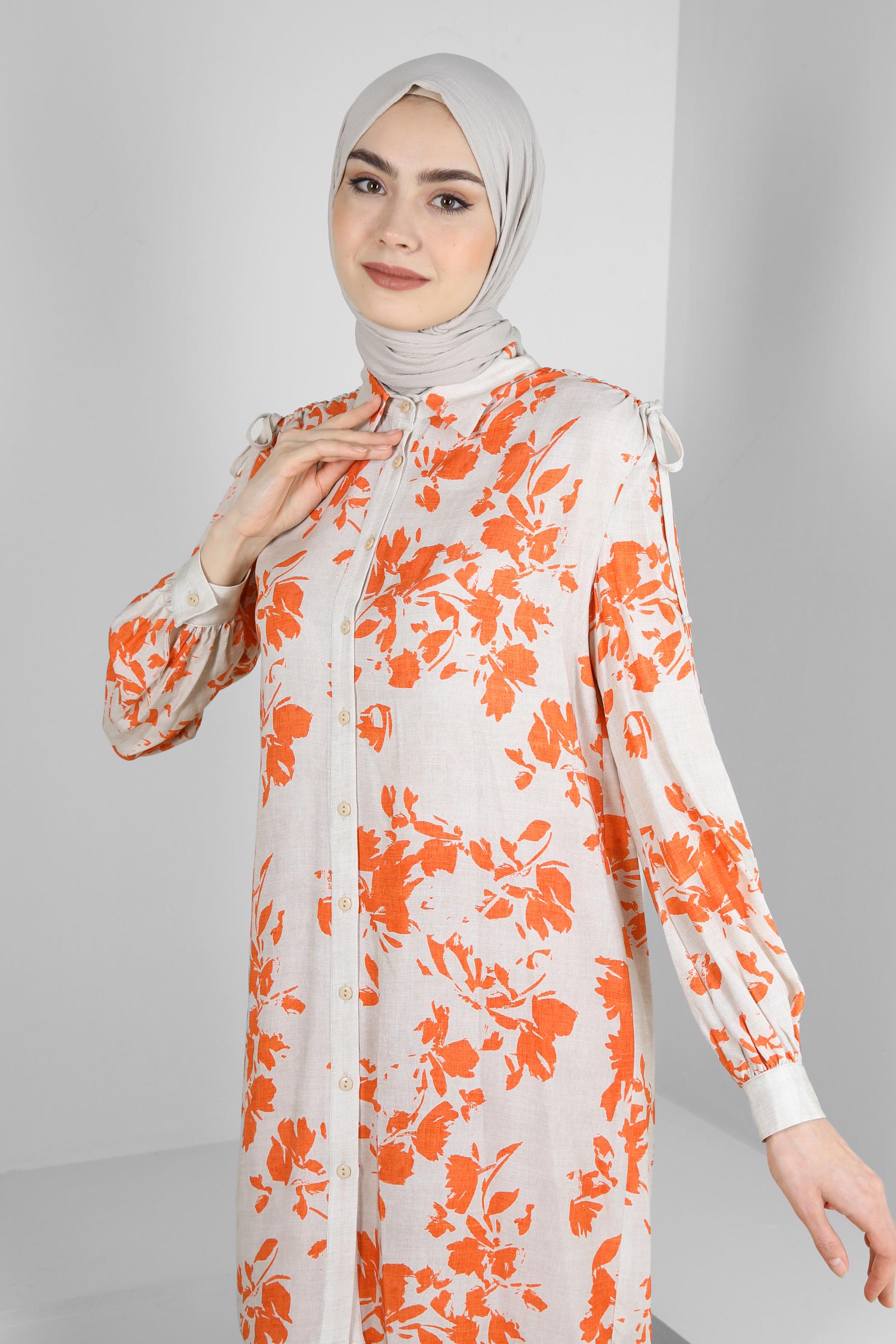 Tesettür giyim TURUNCU DESENLİ BAĞLAMA DETAYLI GÖMLEK TUNİK 43733