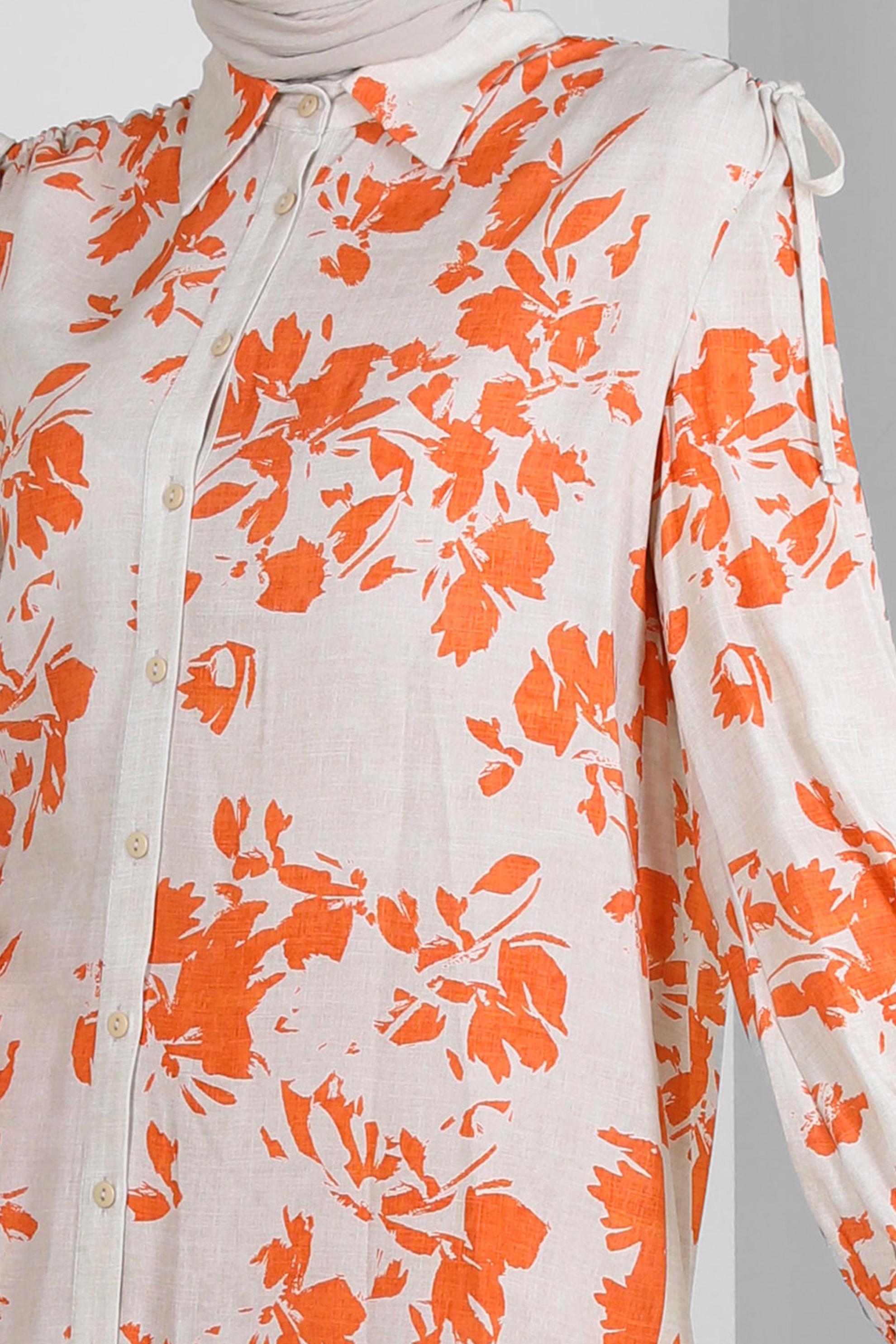 Tesettür giyim TURUNCU DESENLİ BAĞLAMA DETAYLI GÖMLEK TUNİK 43733