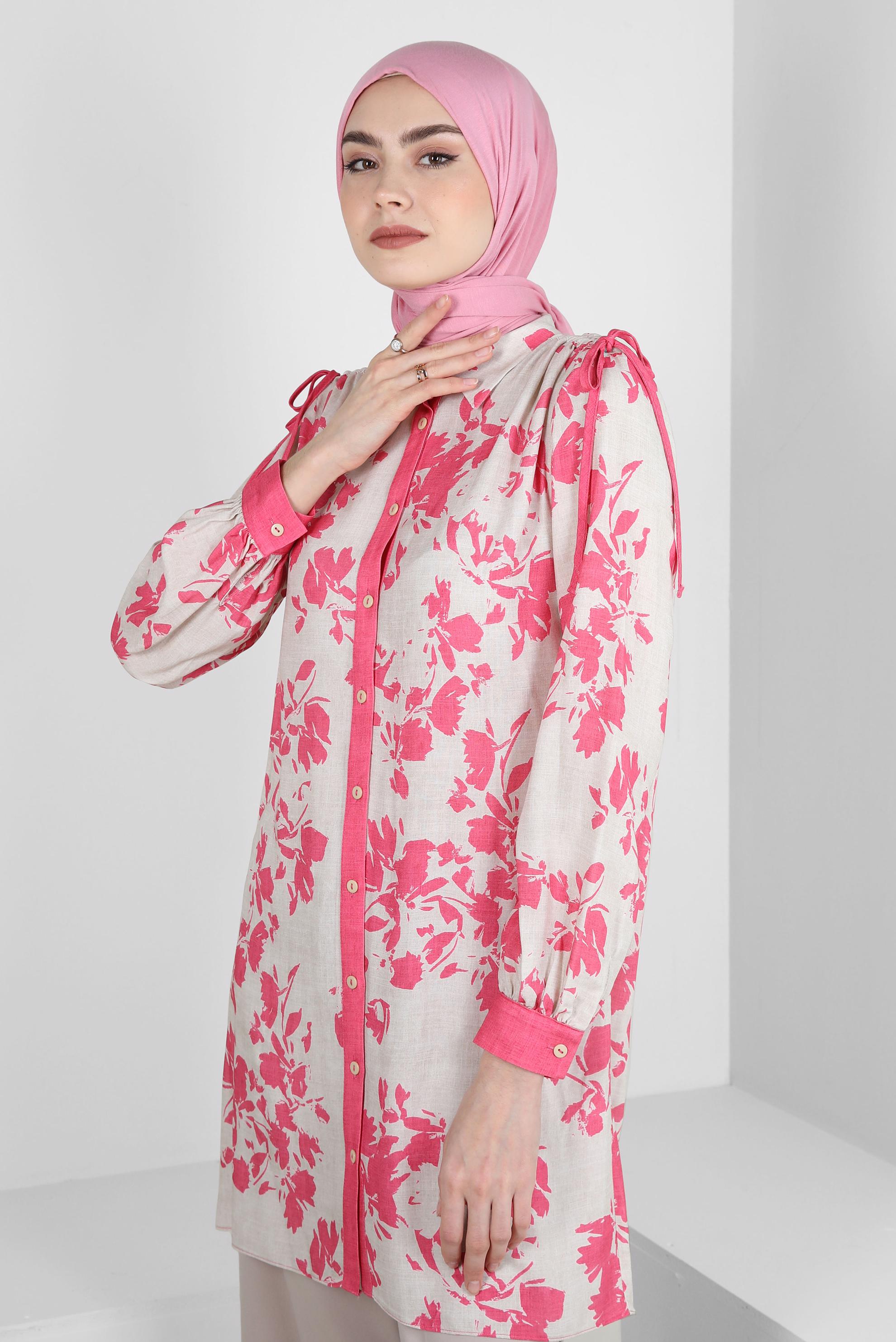 Tesettür giyim FUŞYA DESENLİ BAĞLAMA DETAYLI GÖMLEK TUNİK 43733
