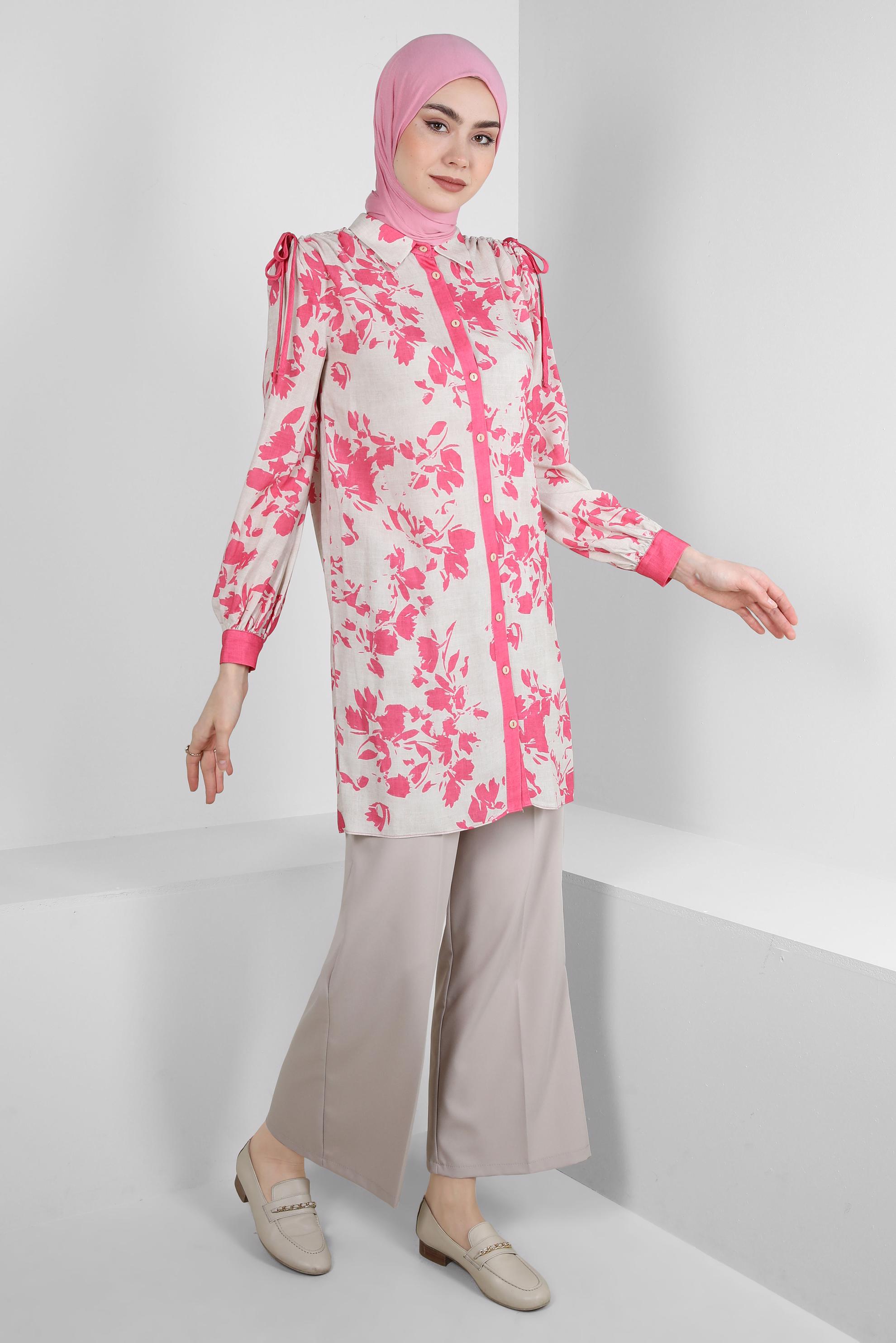 Tesettür giyim FUŞYA DESENLİ BAĞLAMA DETAYLI GÖMLEK TUNİK 43733