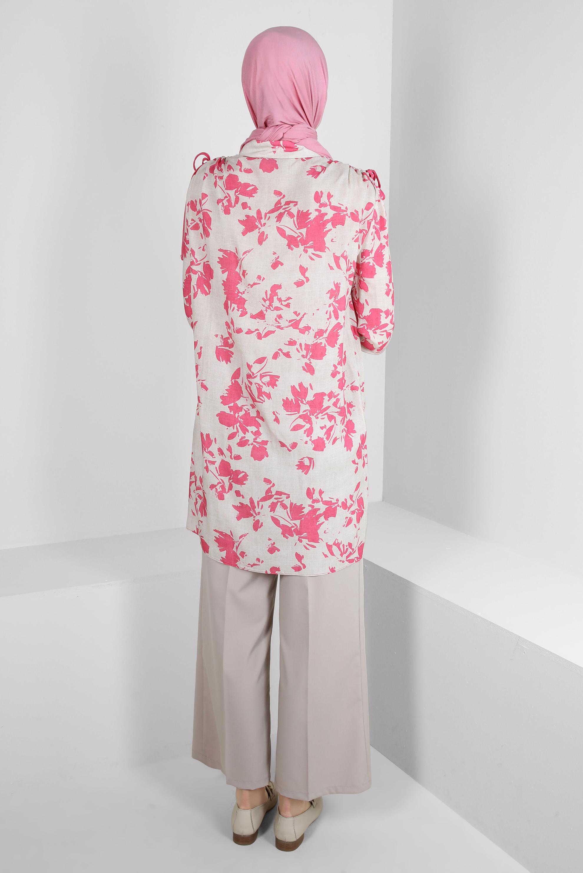 Tesettür giyim FUŞYA DESENLİ BAĞLAMA DETAYLI GÖMLEK TUNİK 43733