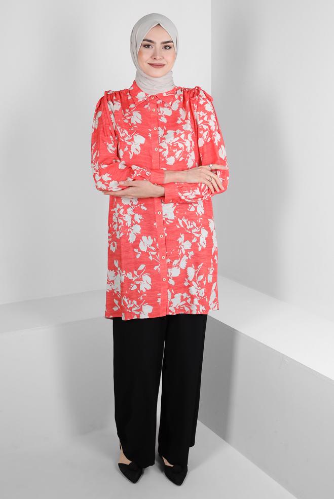 Tesettür giyim  DESENLİ BAĞLAMA DETAYLI GÖMLEK TUNİK 43733 - ALVİNA