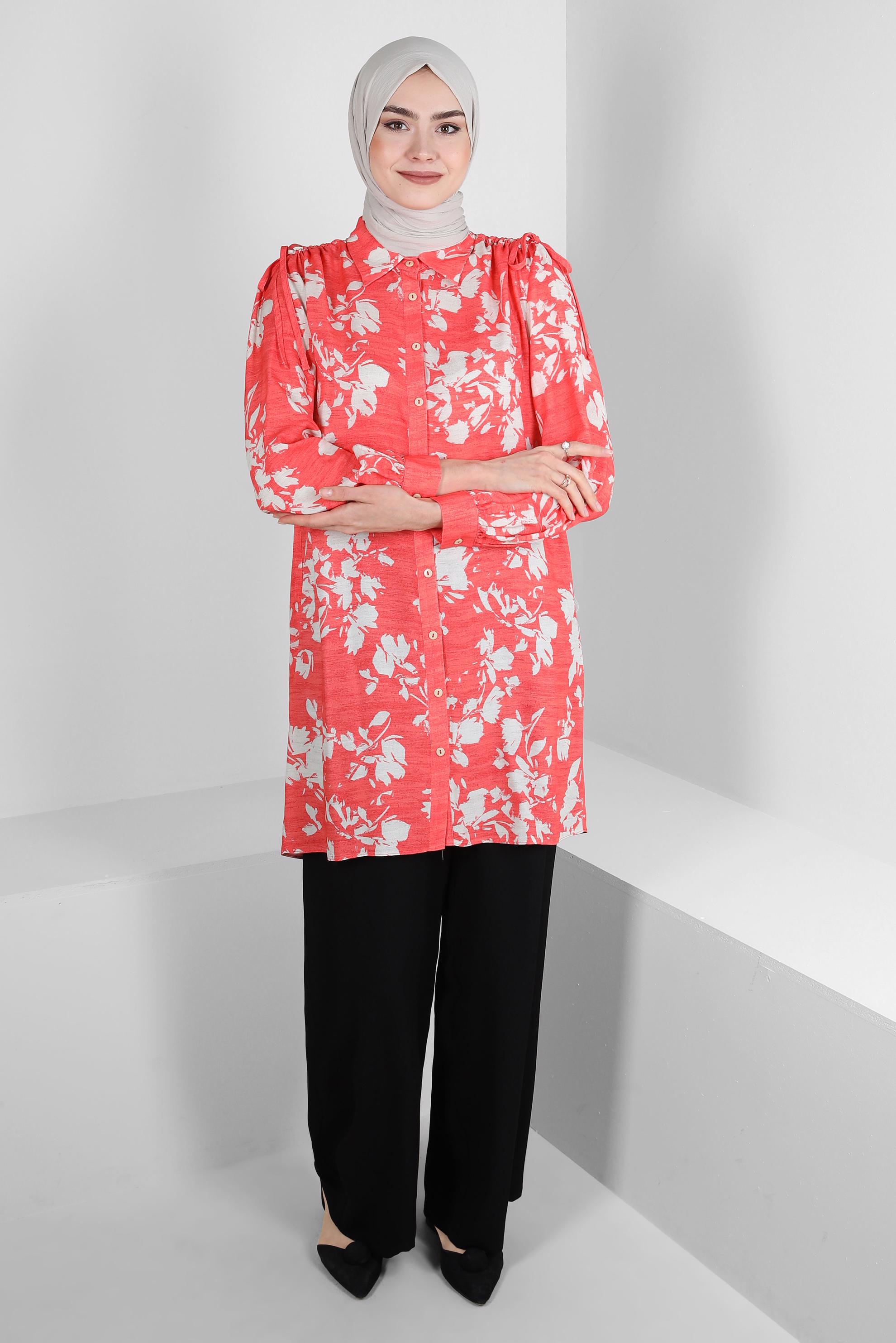Tesettür giyim MERCAN DESENLİ BAĞLAMA DETAYLI GÖMLEK TUNİK 43733