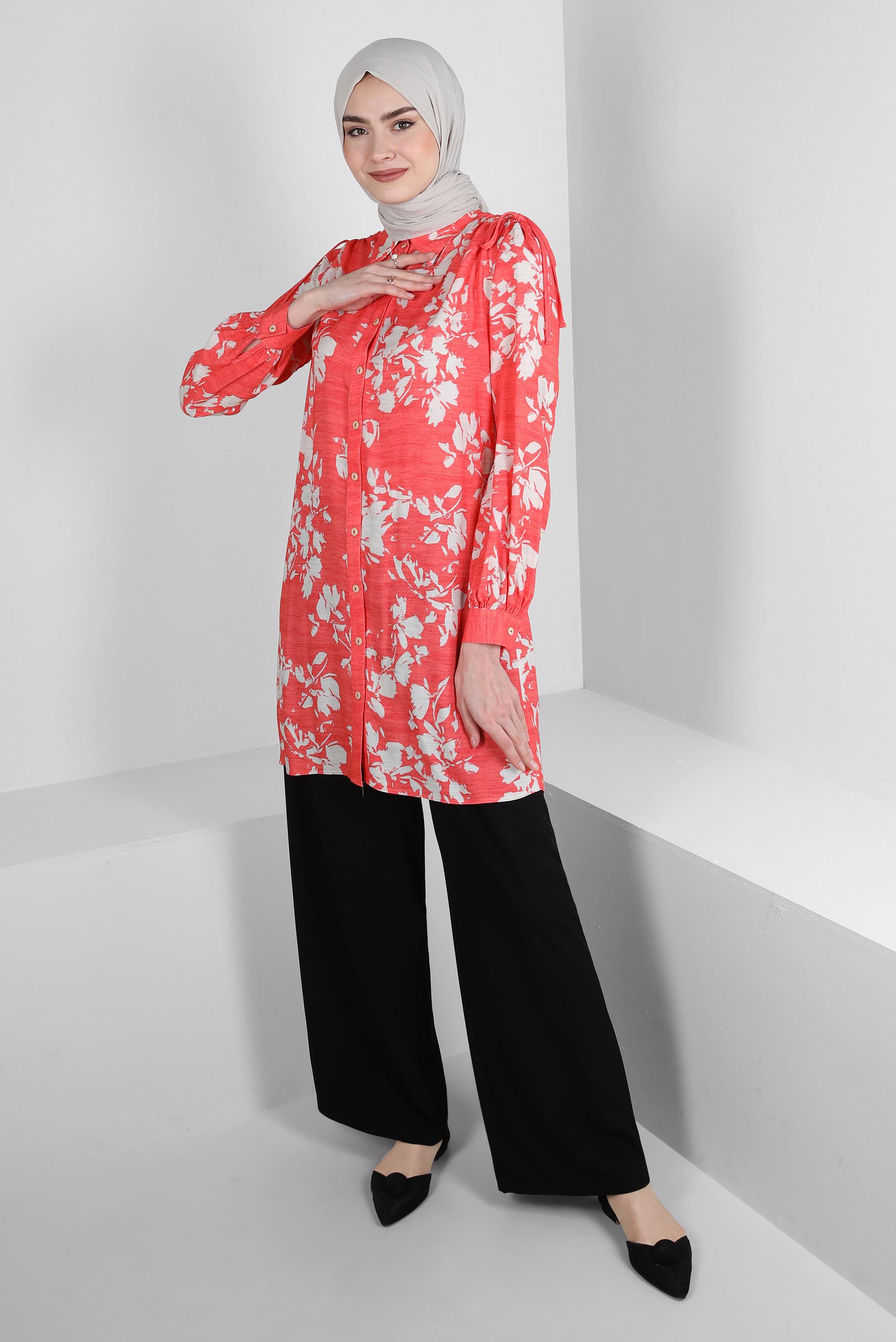 Tesettür giyim MERCAN DESENLİ BAĞLAMA DETAYLI GÖMLEK TUNİK 43733