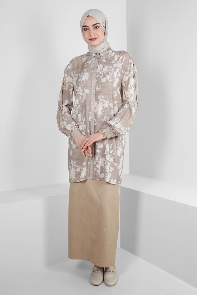 Tesettür giyim  DESENLİ BAĞLAMA DETAYLI GÖMLEK TUNİK 43733 - ALVİNA