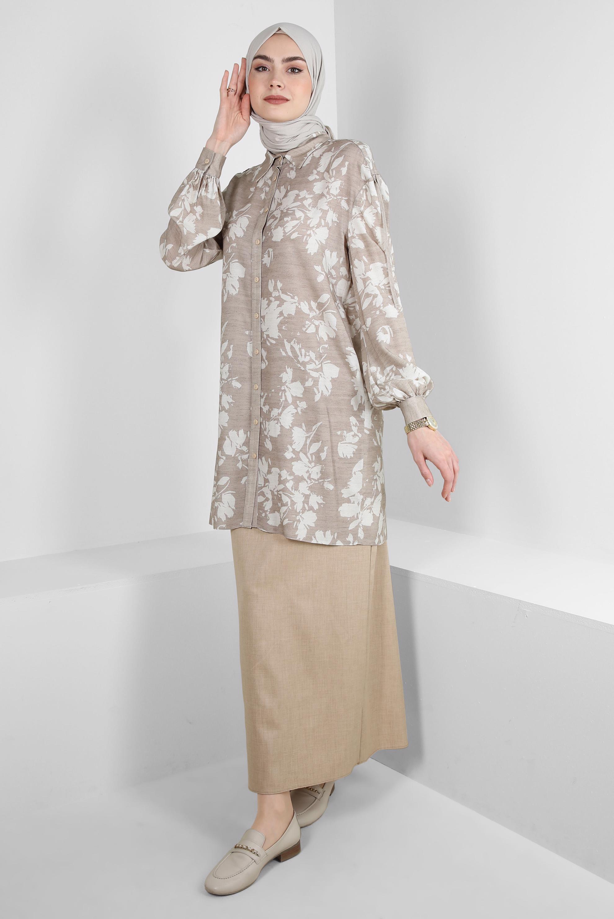 Tesettür giyim VİZON DESENLİ BAĞLAMA DETAYLI GÖMLEK TUNİK 43733