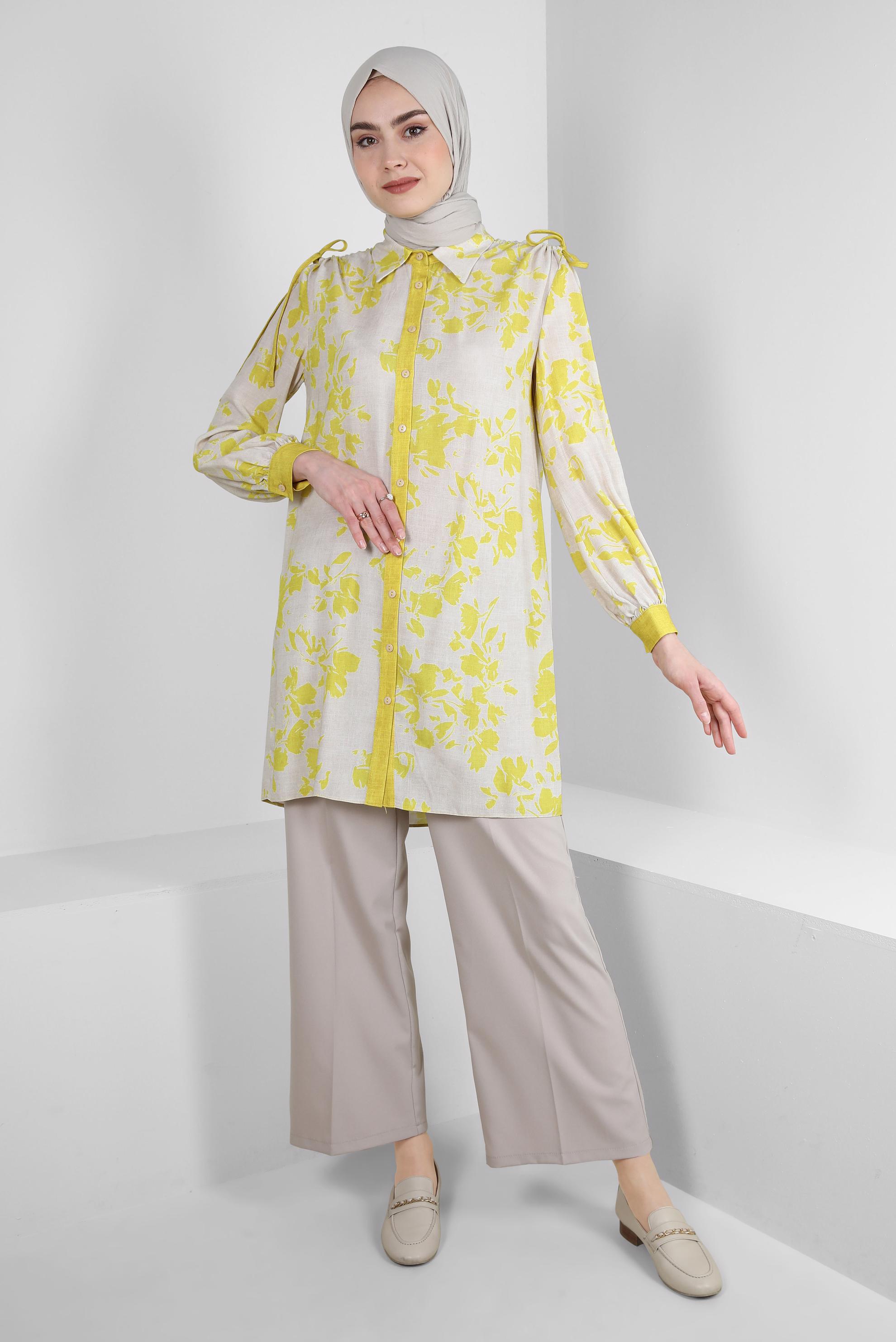 Tesettür giyim YEŞİL DESENLİ BAĞLAMA DETAYLI GÖMLEK TUNİK 43733