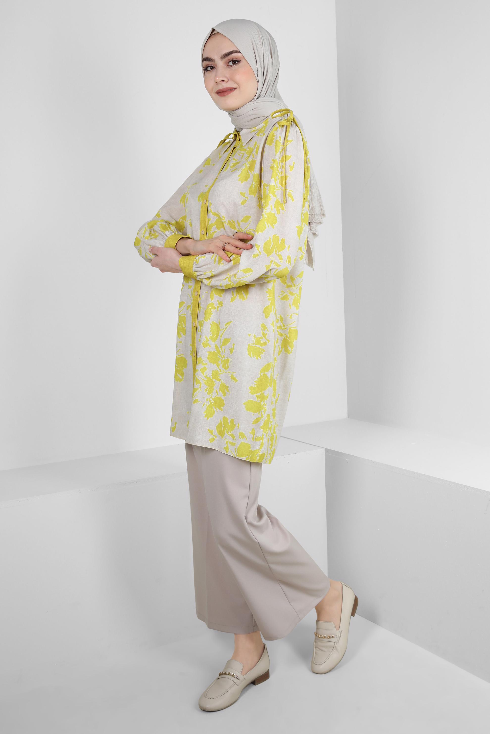 Tesettür giyim YEŞİL DESENLİ BAĞLAMA DETAYLI GÖMLEK TUNİK 43733