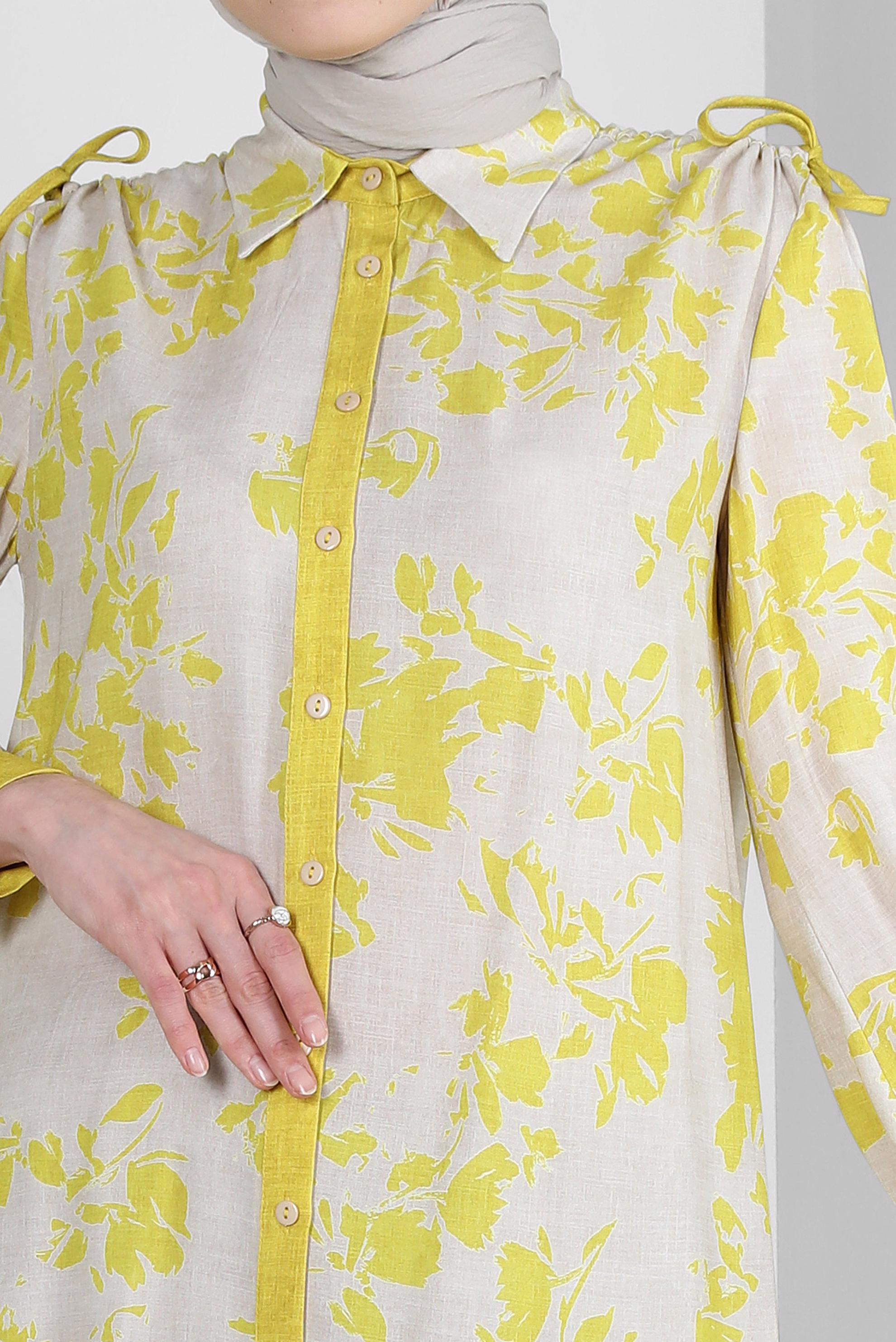 Tesettür giyim YEŞİL DESENLİ BAĞLAMA DETAYLI GÖMLEK TUNİK 43733