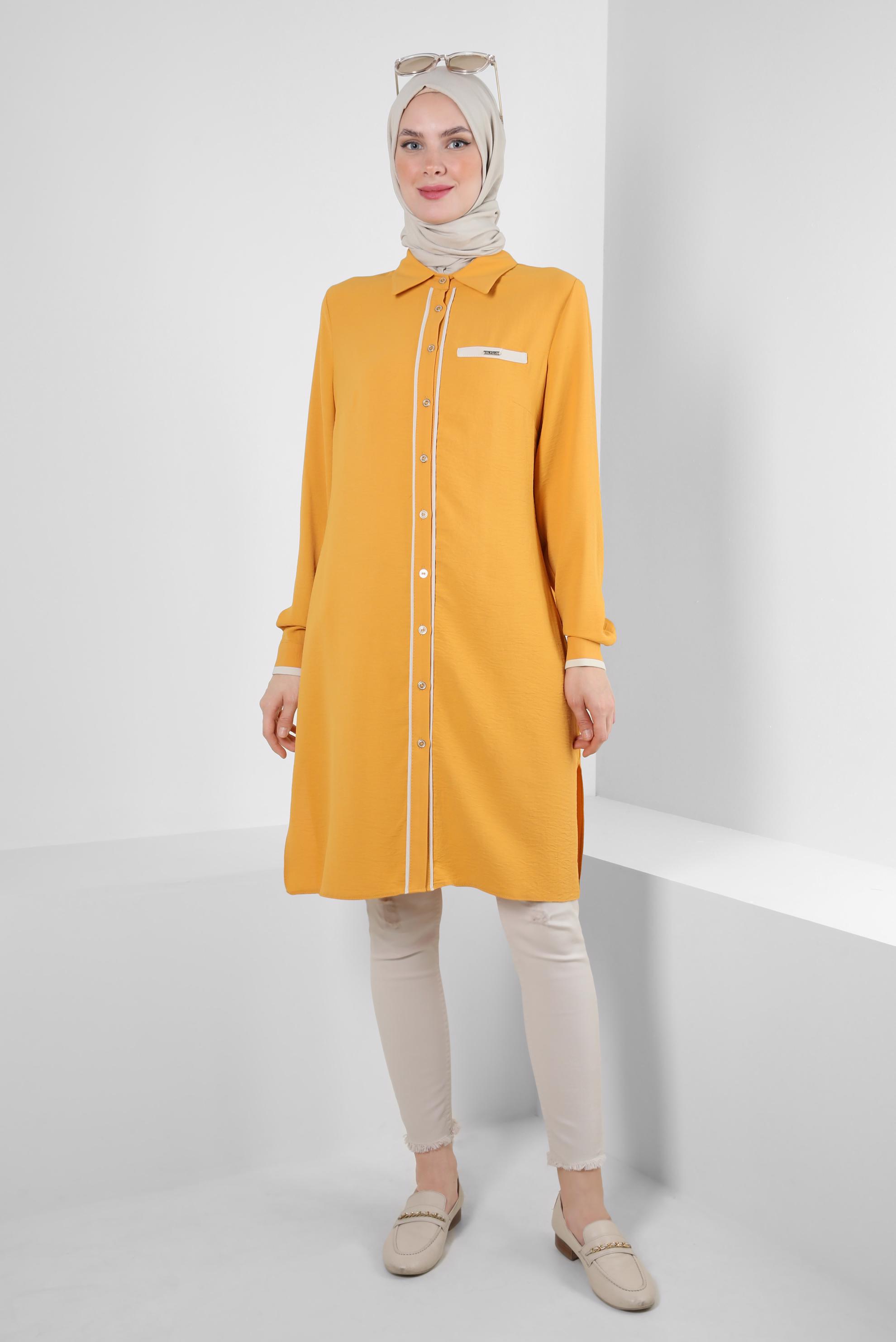 Tesettür giyim SARI GÖMLEK YAKA DÜĞMELİ TUNİK 43734