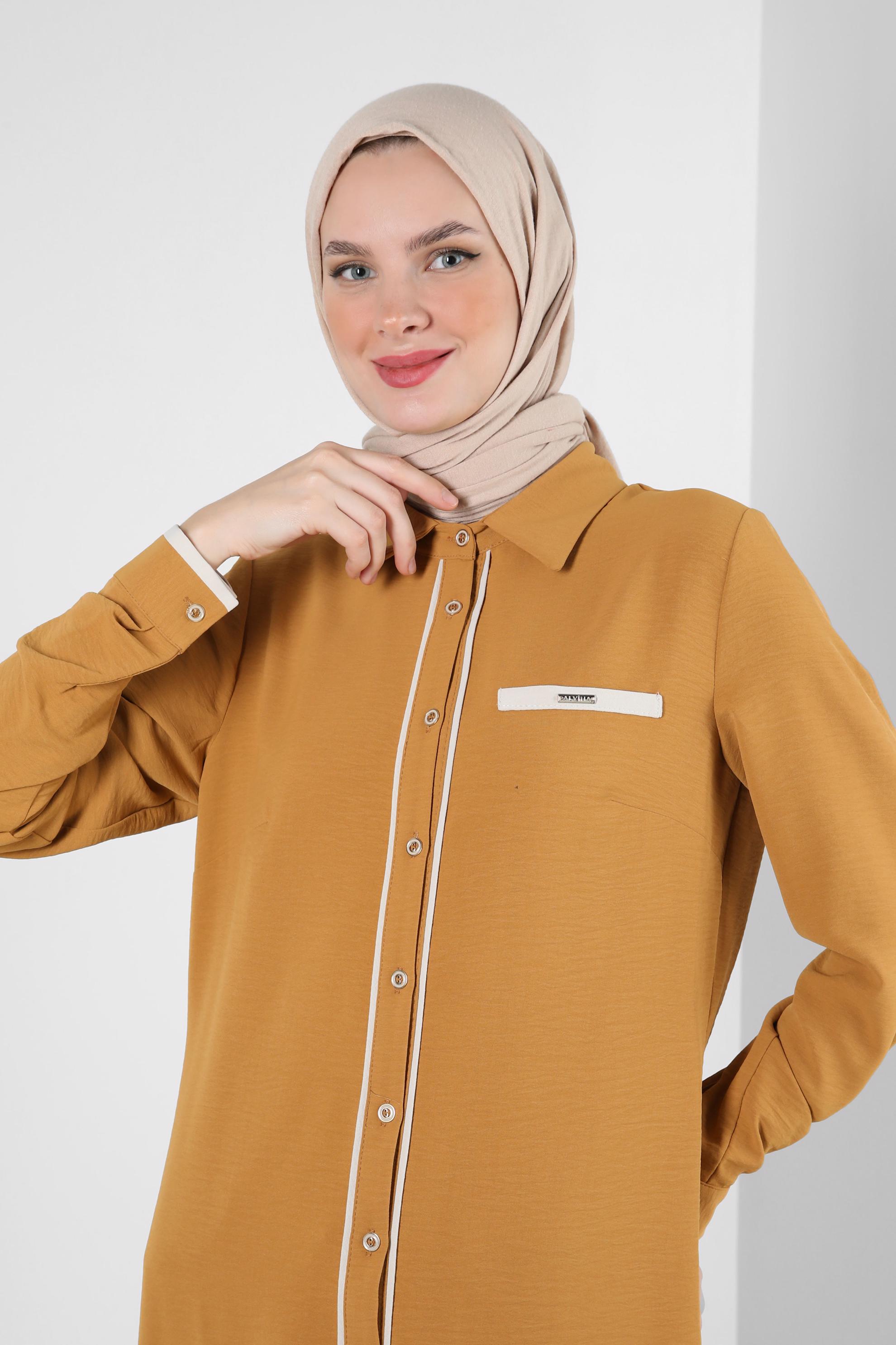 Tesettür giyim SARI GÖMLEK YAKA DÜĞMELİ TUNİK 43734