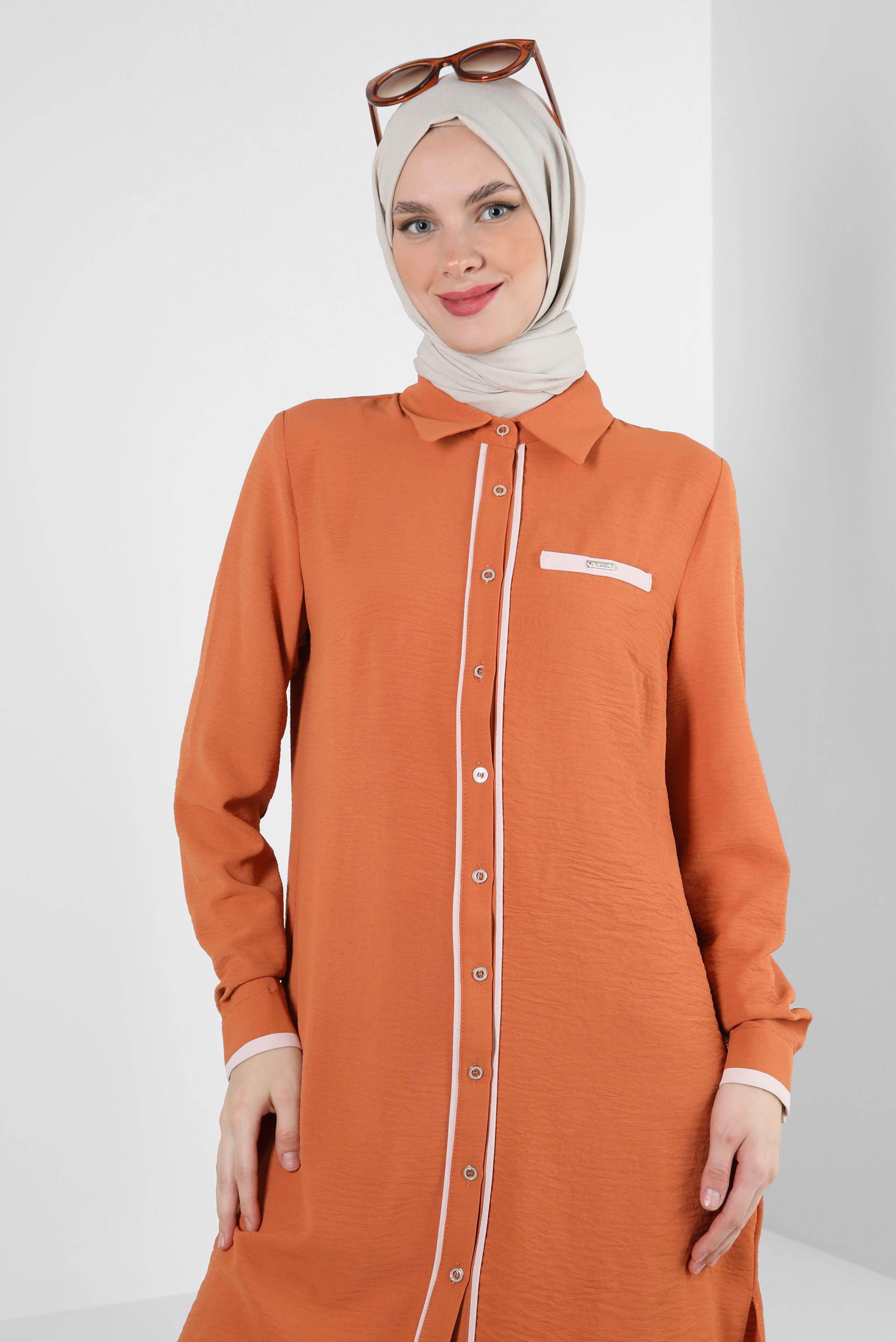 Tesettür giyim TURUNCU GÖMLEK YAKA DÜĞMELİ TUNİK 43734