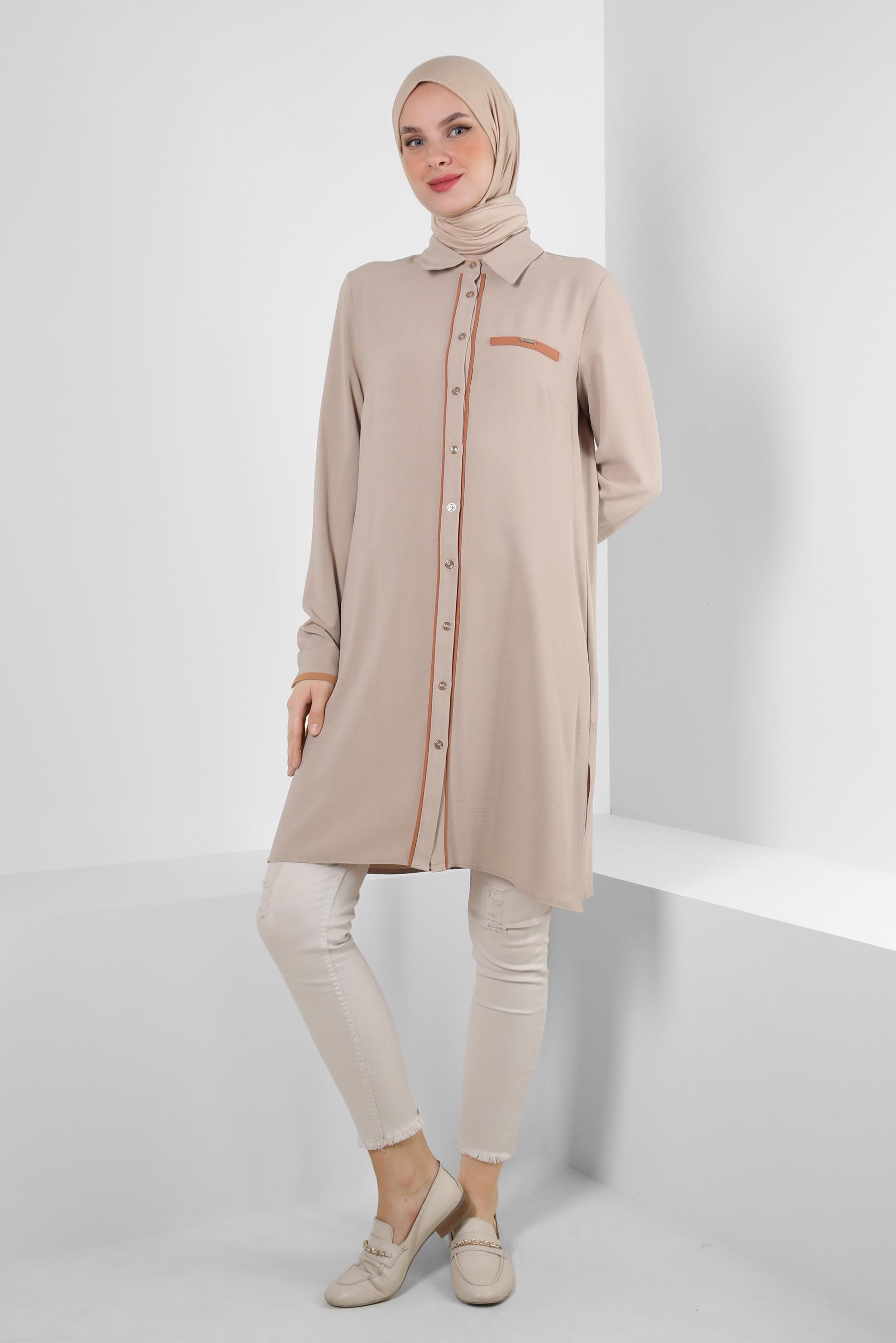 Tesettür giyim KUM GÖMLEK YAKA DÜĞMELİ TUNİK 43734