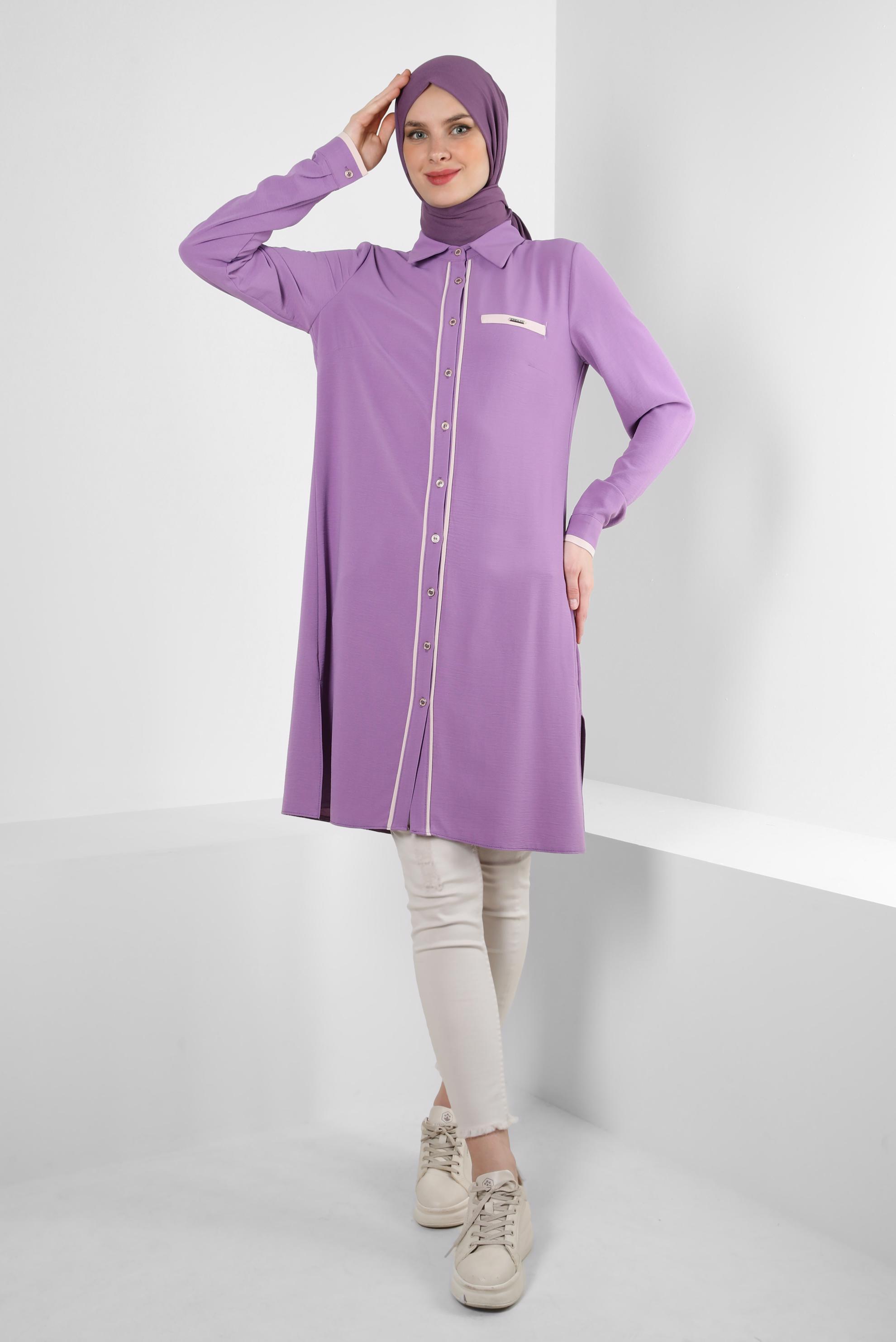 Tesettür giyim MOR GÖMLEK YAKA DÜĞMELİ TUNİK 43734