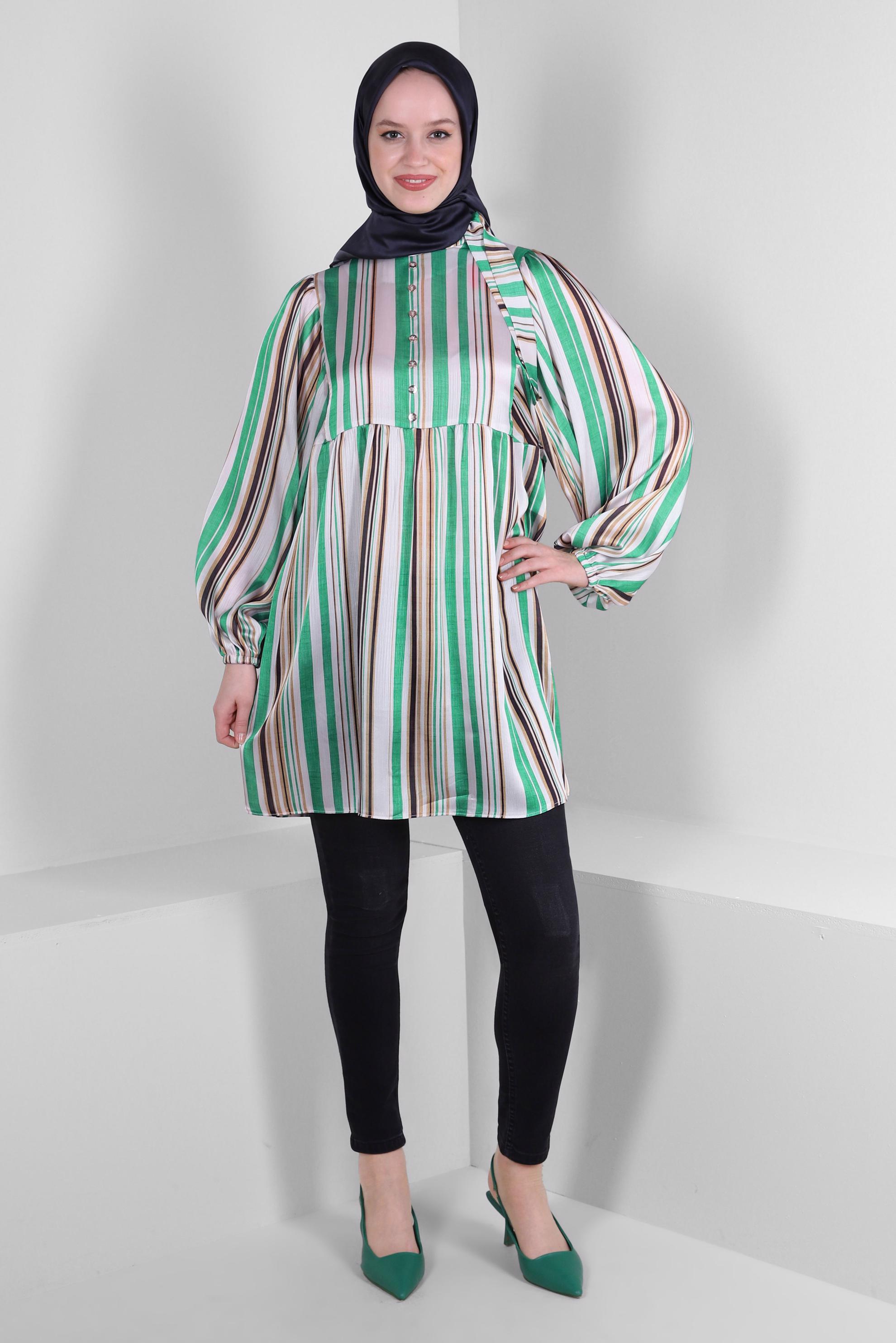 Tesettür giyim YEŞİL ÇİZGİLİ BAĞLAMA DETAYLI GENİŞ KOL TUNİK 43735