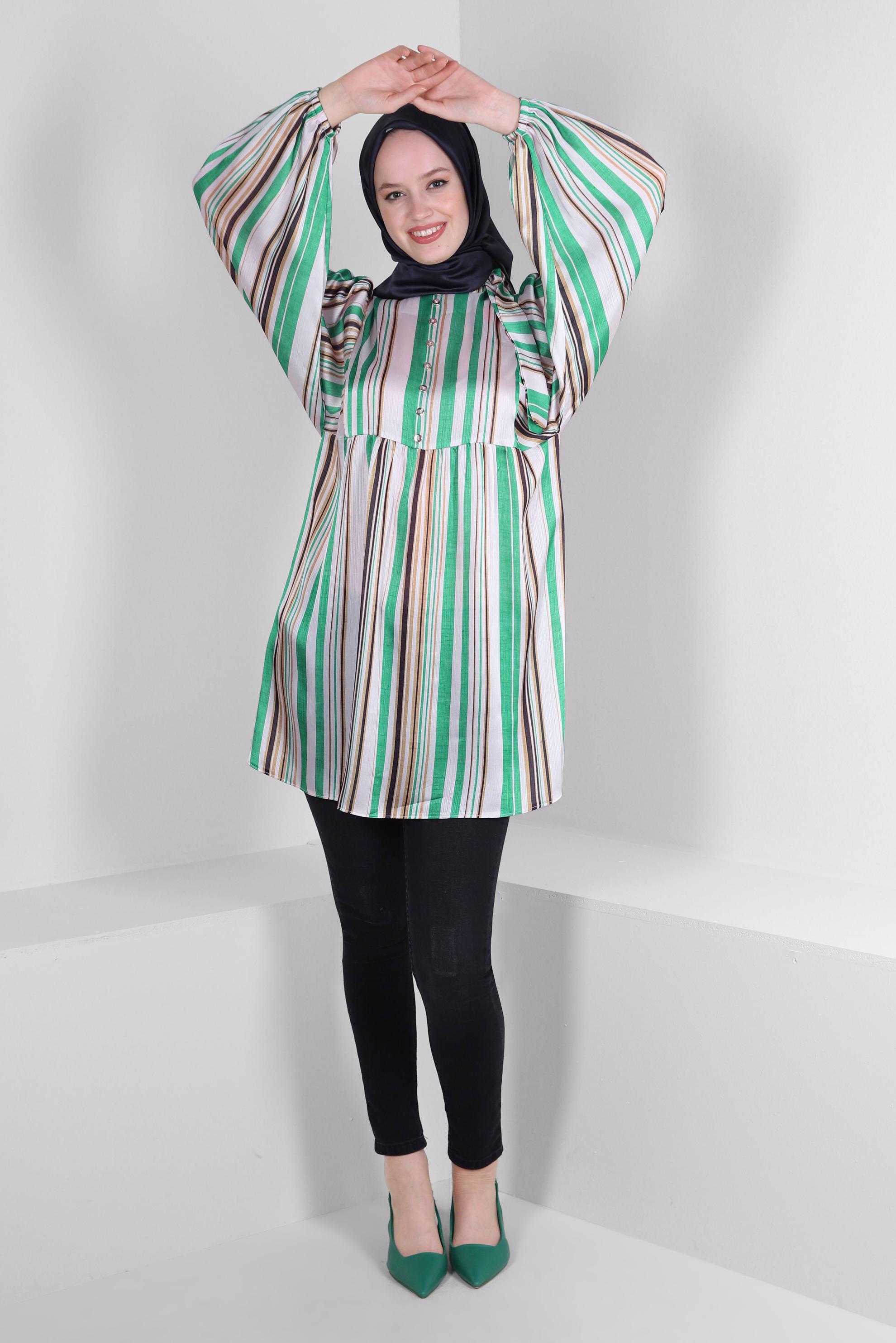 Tesettür giyim YEŞİL ÇİZGİLİ BAĞLAMA DETAYLI GENİŞ KOL TUNİK 43735