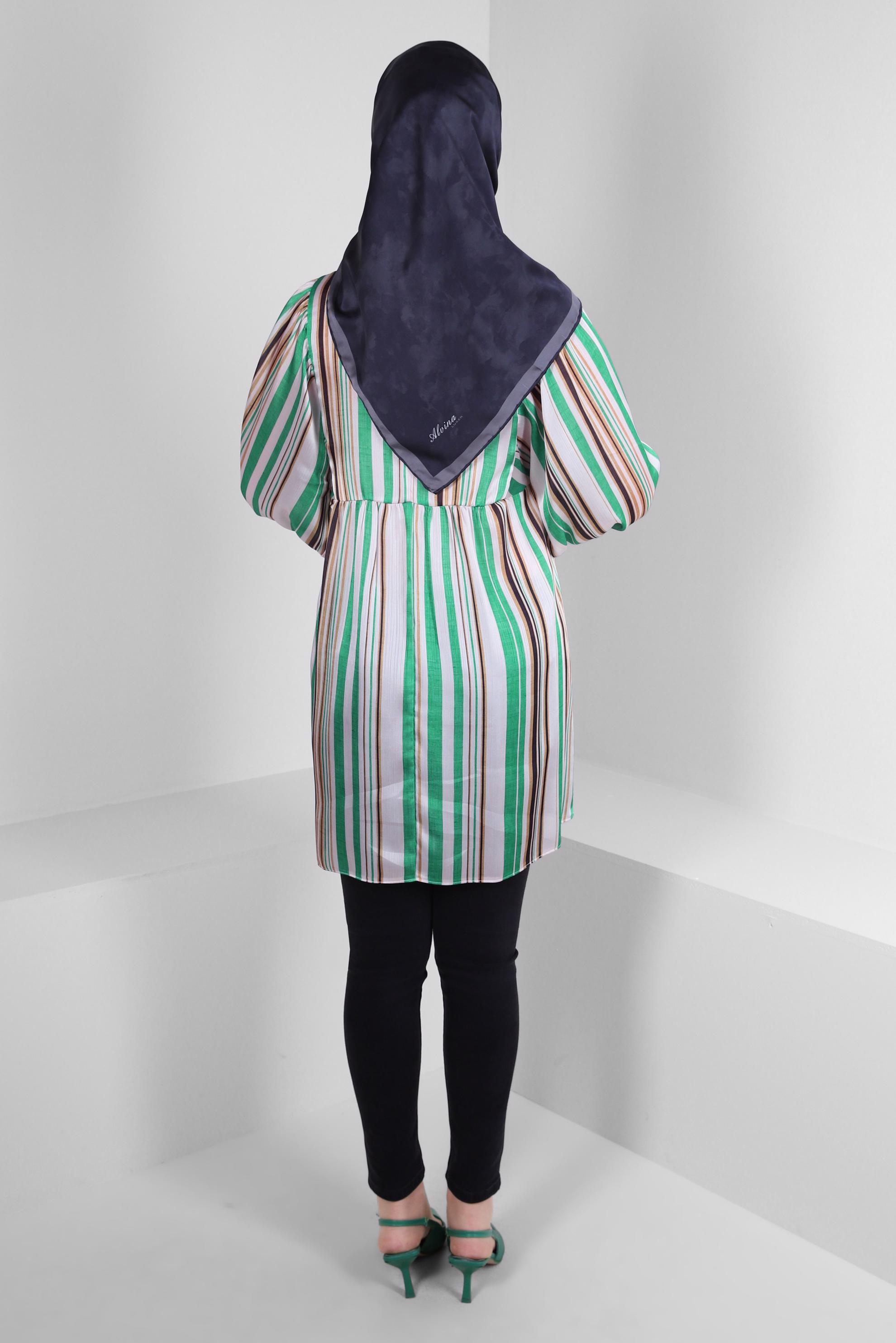 Tesettür giyim YEŞİL ÇİZGİLİ BAĞLAMA DETAYLI GENİŞ KOL TUNİK 43735