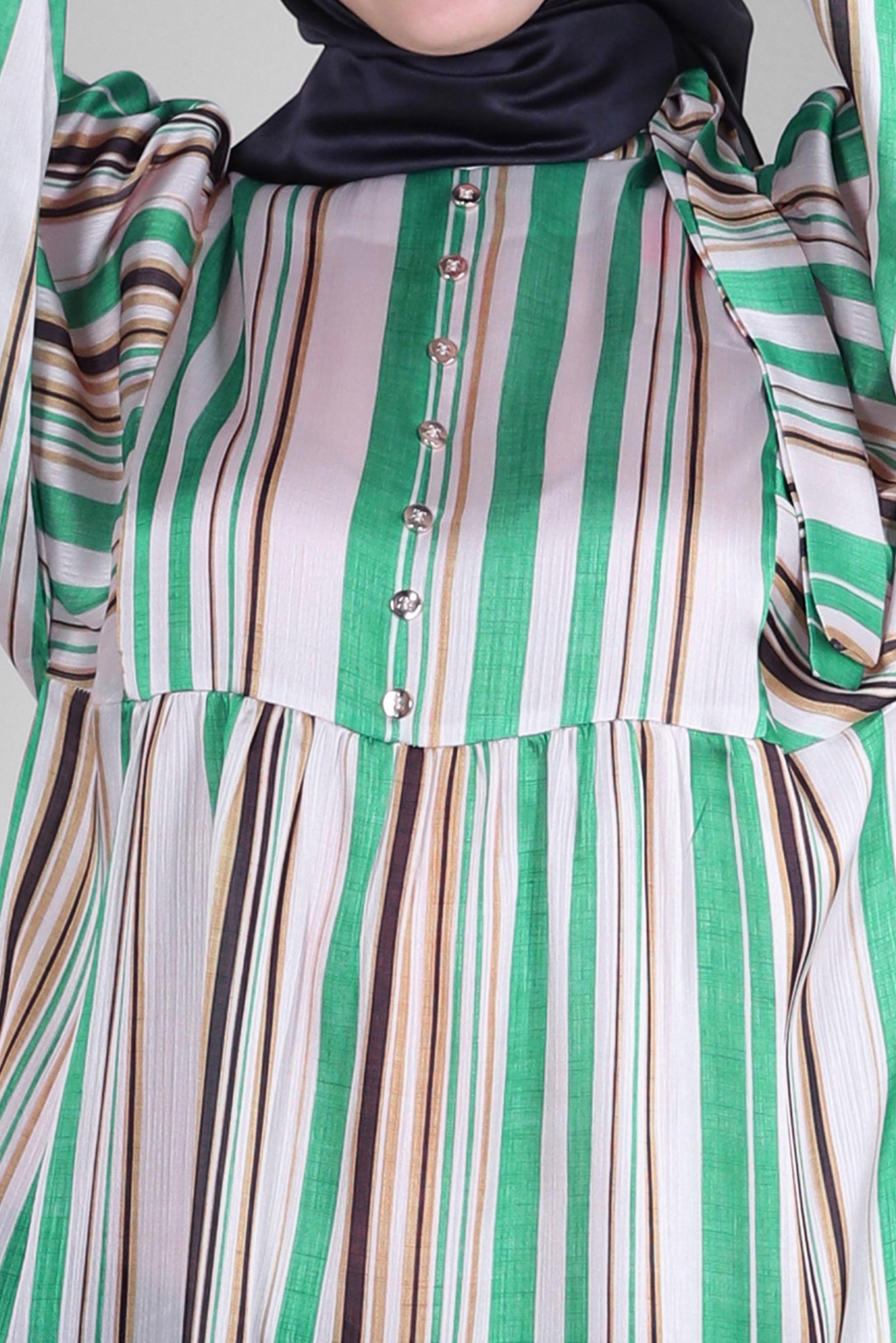 Tesettür giyim YEŞİL ÇİZGİLİ BAĞLAMA DETAYLI GENİŞ KOL TUNİK 43735