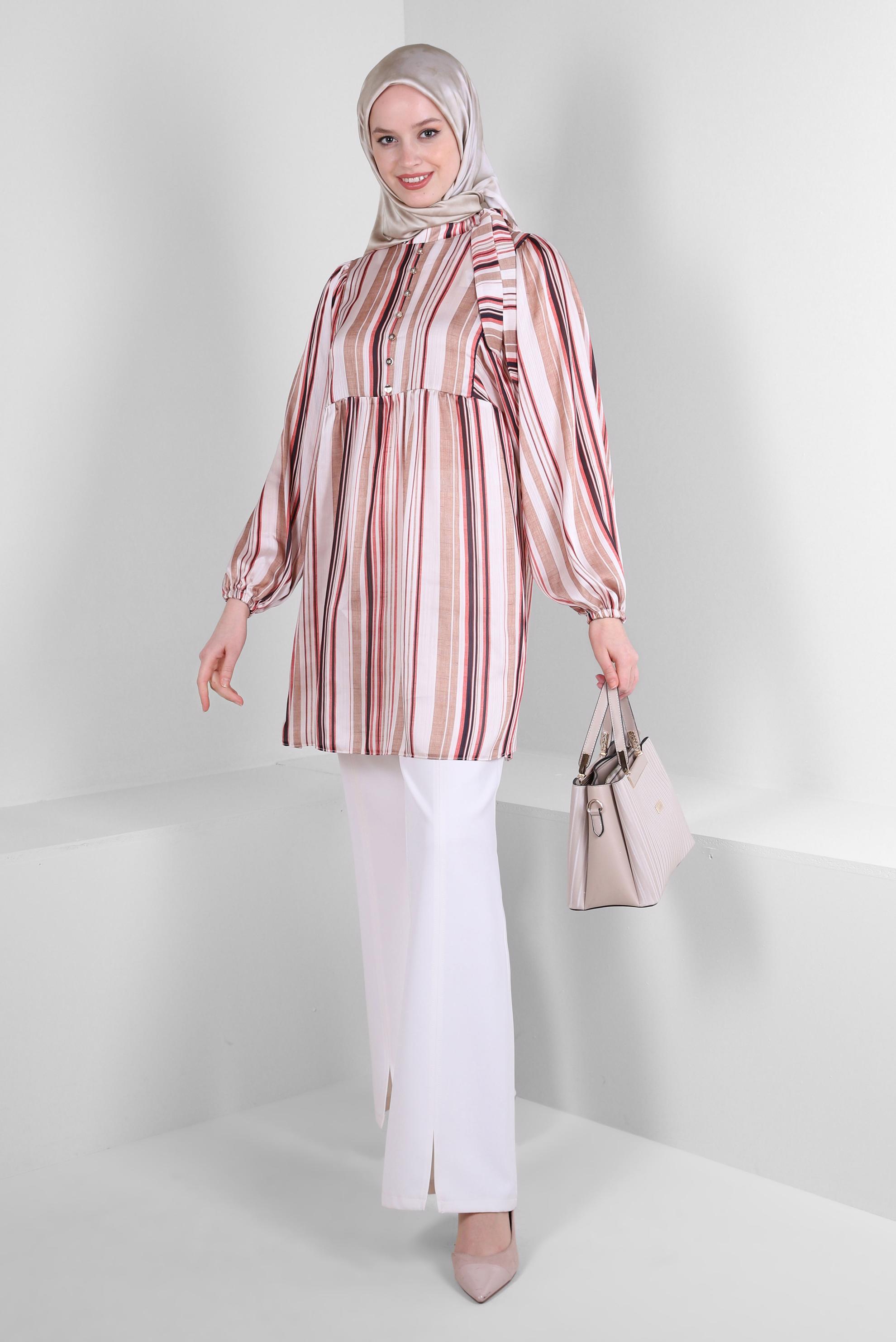 Tesettür giyim KAHVE ÇİZGİLİ BAĞLAMA DETAYLI GENİŞ KOL TUNİK 43735