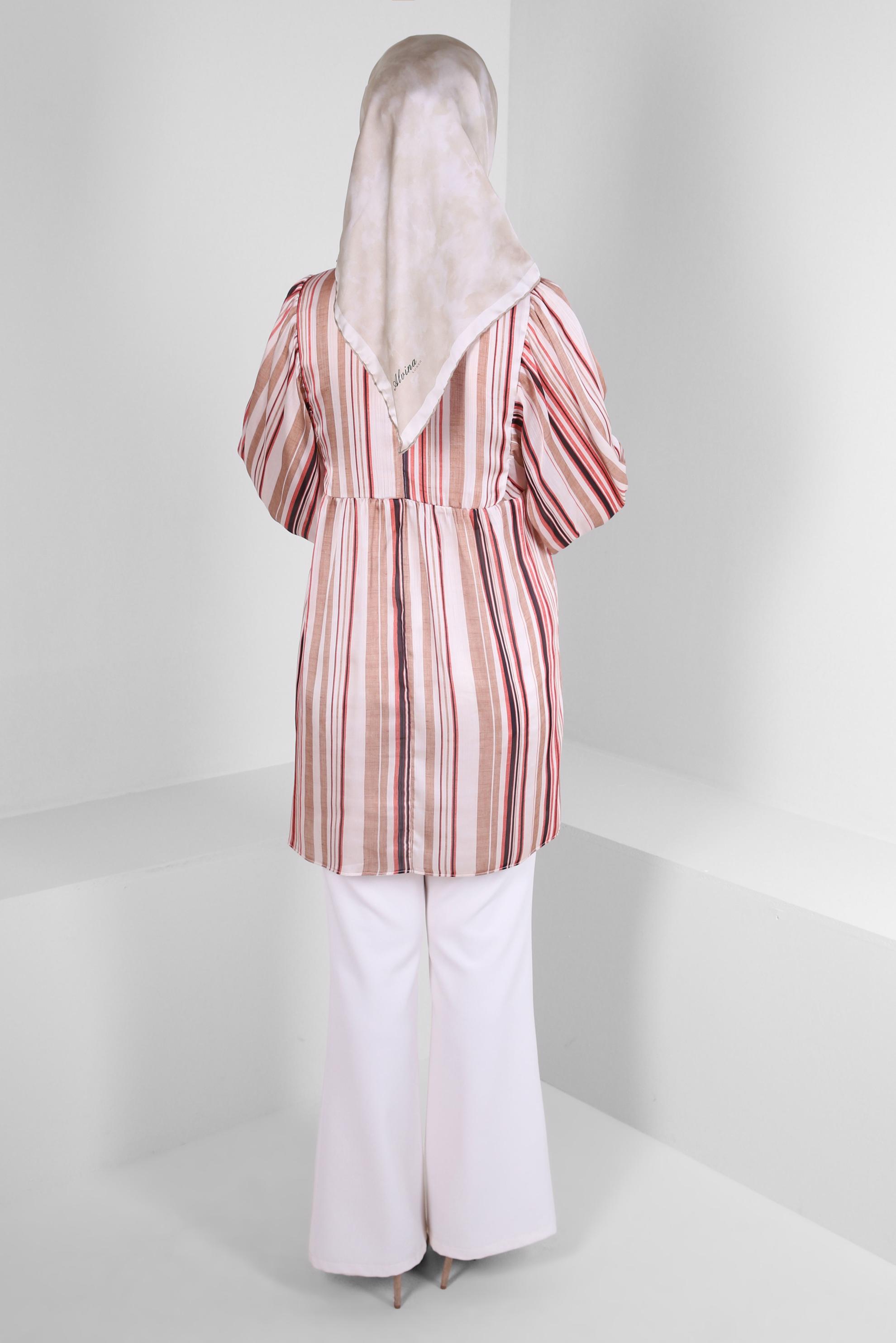 Tesettür giyim KAHVE ÇİZGİLİ BAĞLAMA DETAYLI GENİŞ KOL TUNİK 43735