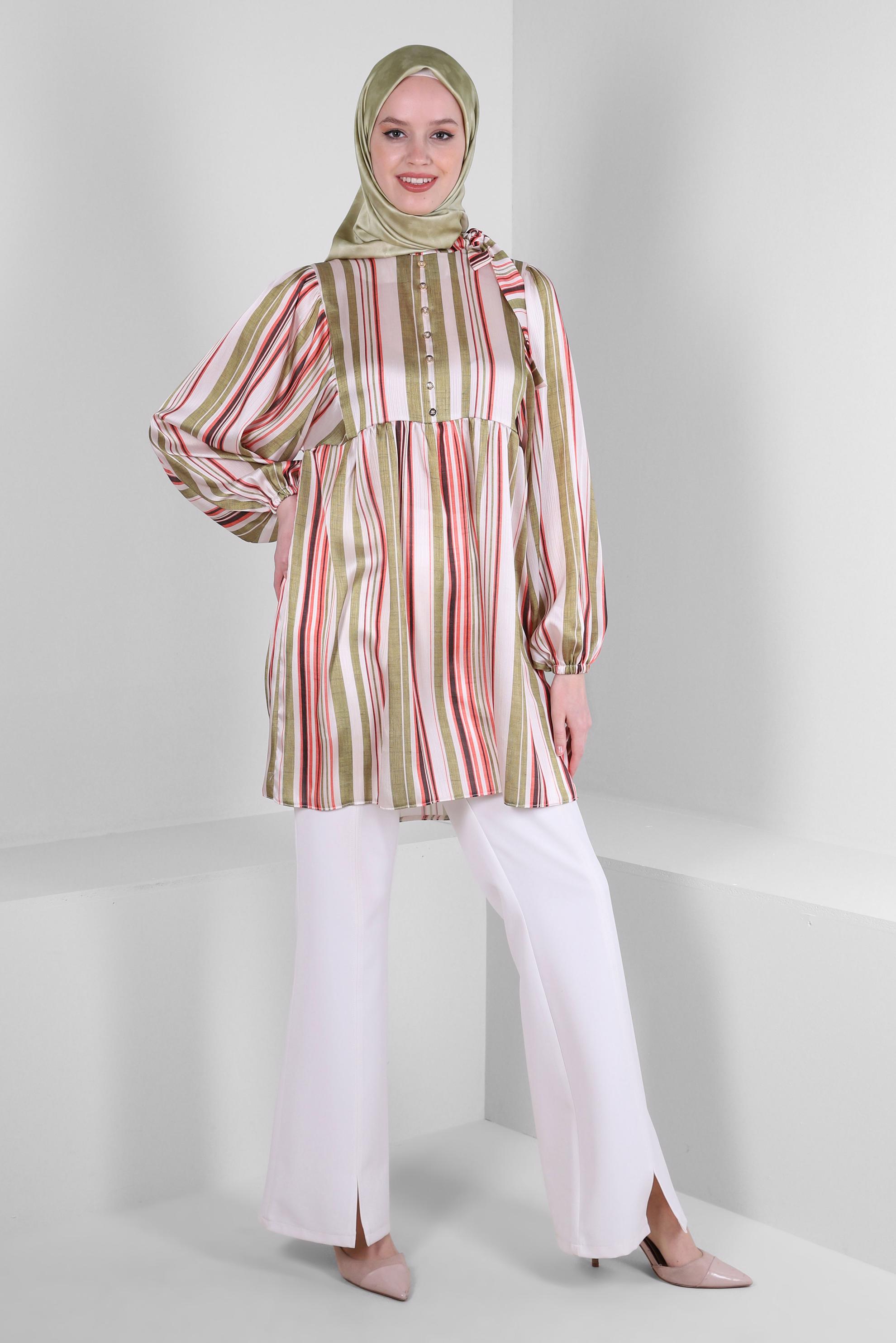 Tesettür giyim YEŞİL ÇİZGİLİ BAĞLAMA DETAYLI GENİŞ KOL TUNİK 43735