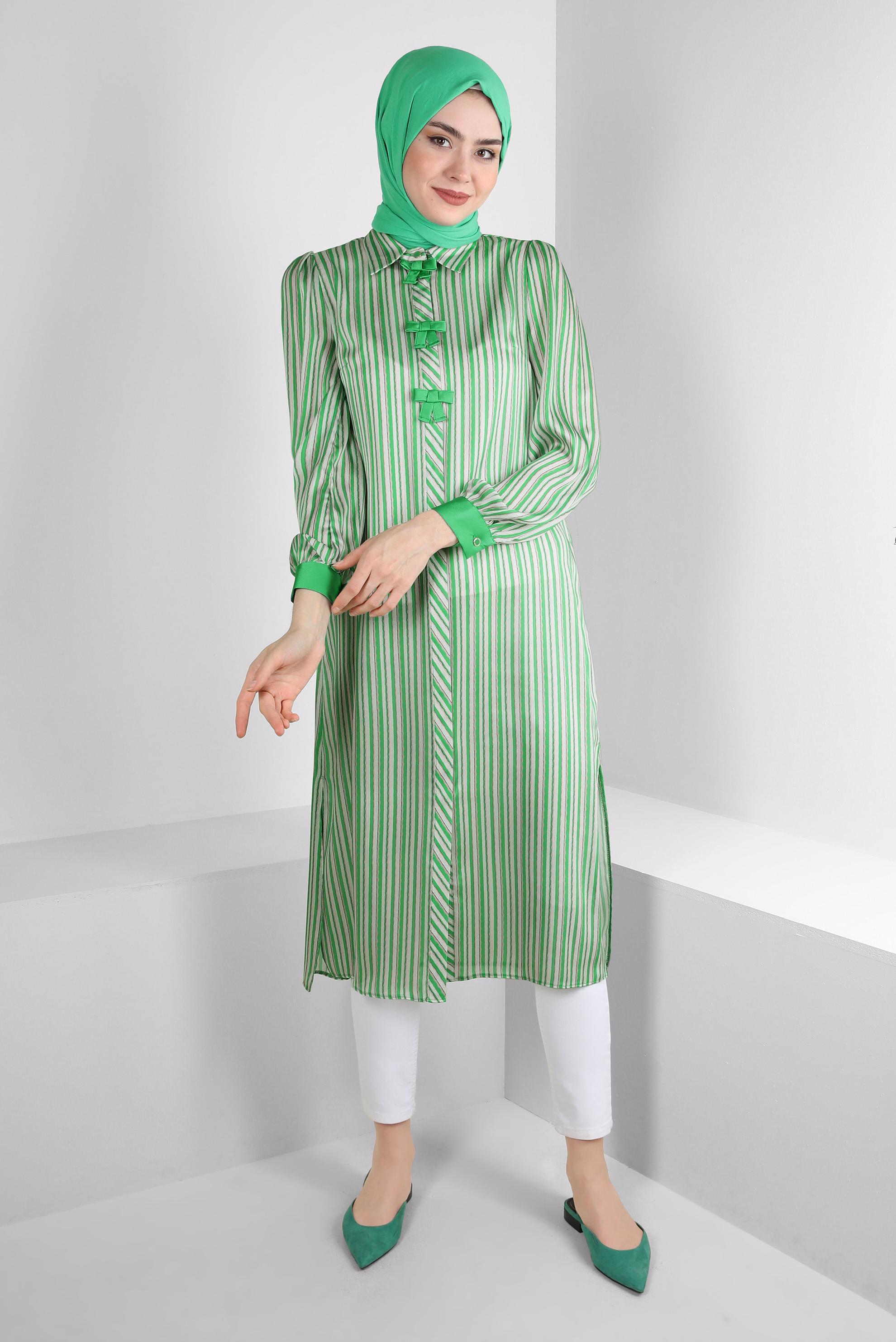 Tesettür giyim YEŞİL ÇİZGİLİ KURDELE DETAYLI TUNİK 43737