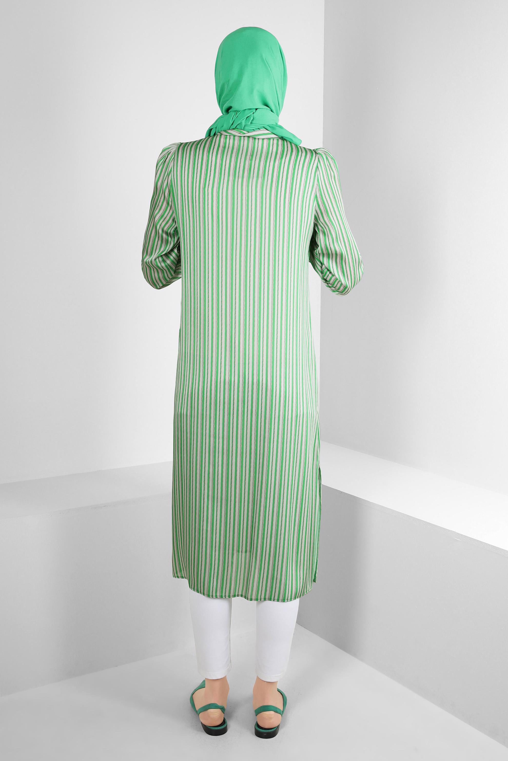 Tesettür giyim YEŞİL ÇİZGİLİ KURDELE DETAYLI TUNİK 43737