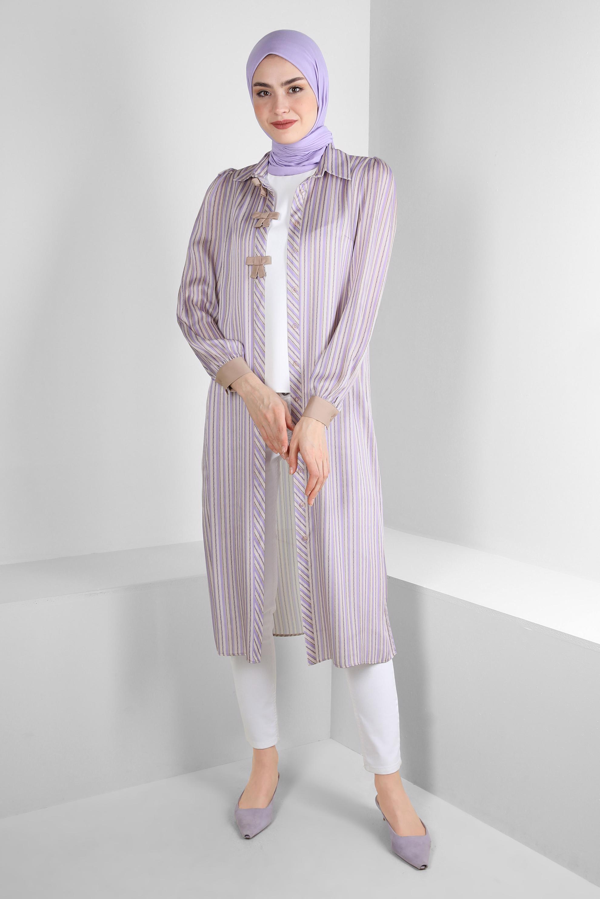 Tesettür giyim MOR ÇİZGİLİ KURDELE DETAYLI TUNİK 43737