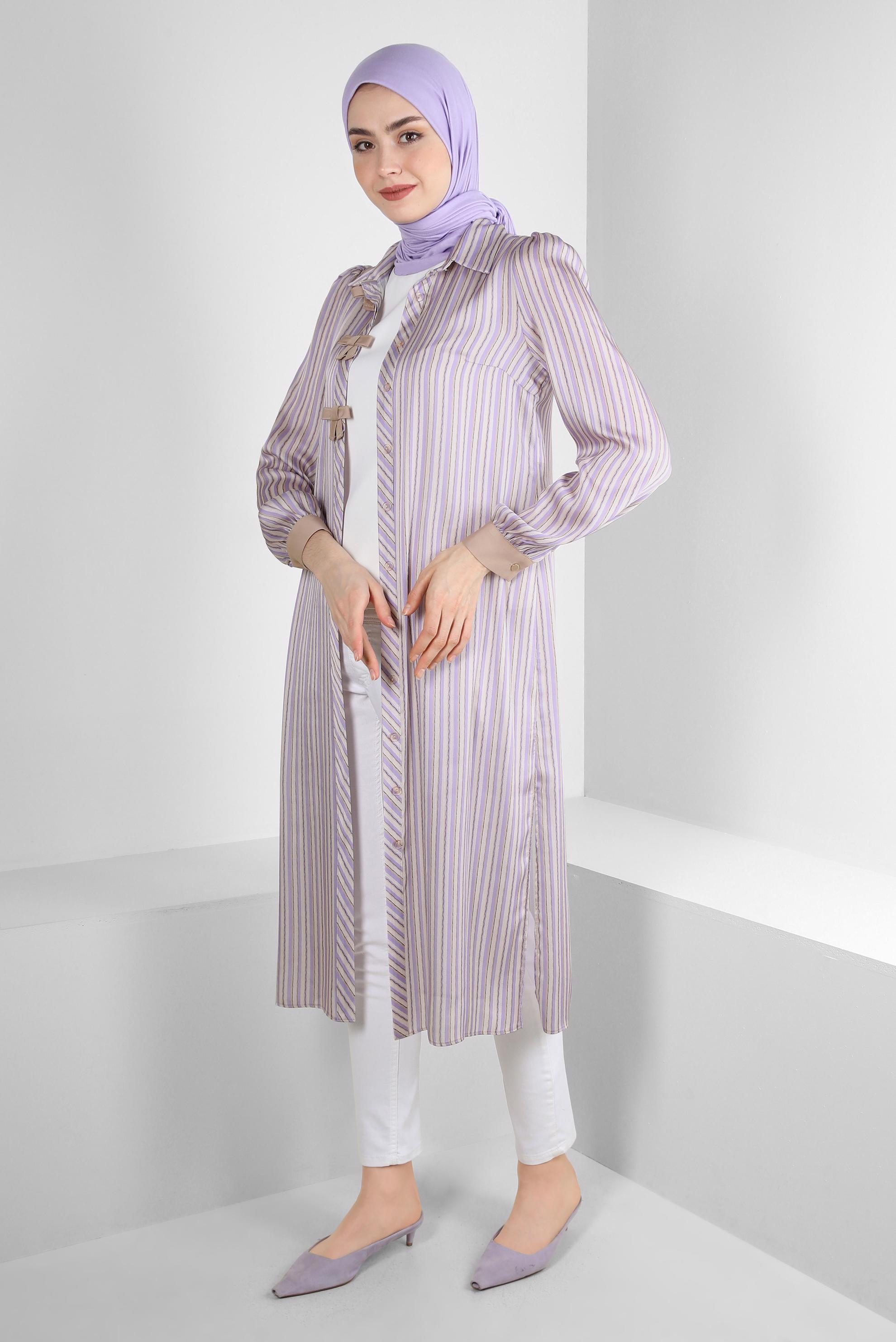 Tesettür giyim MOR ÇİZGİLİ KURDELE DETAYLI TUNİK 43737