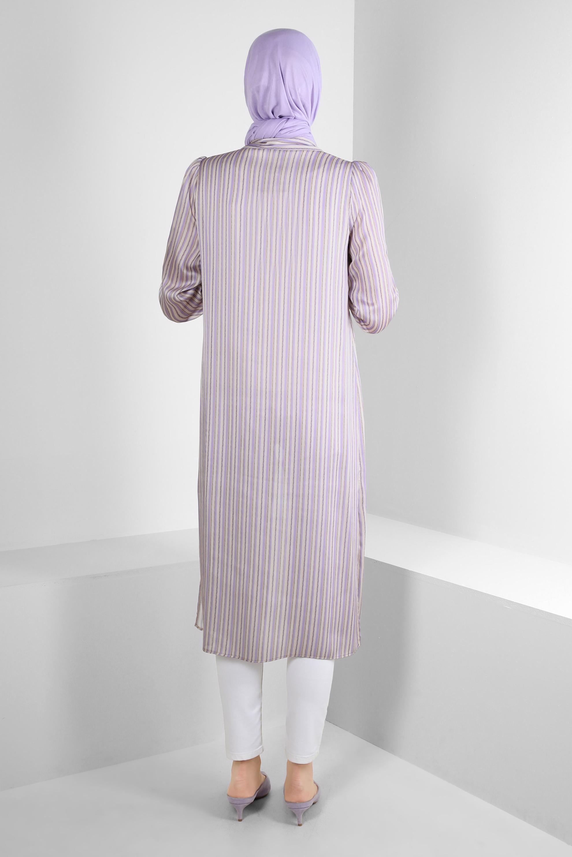 Tesettür giyim MOR ÇİZGİLİ KURDELE DETAYLI TUNİK 43737