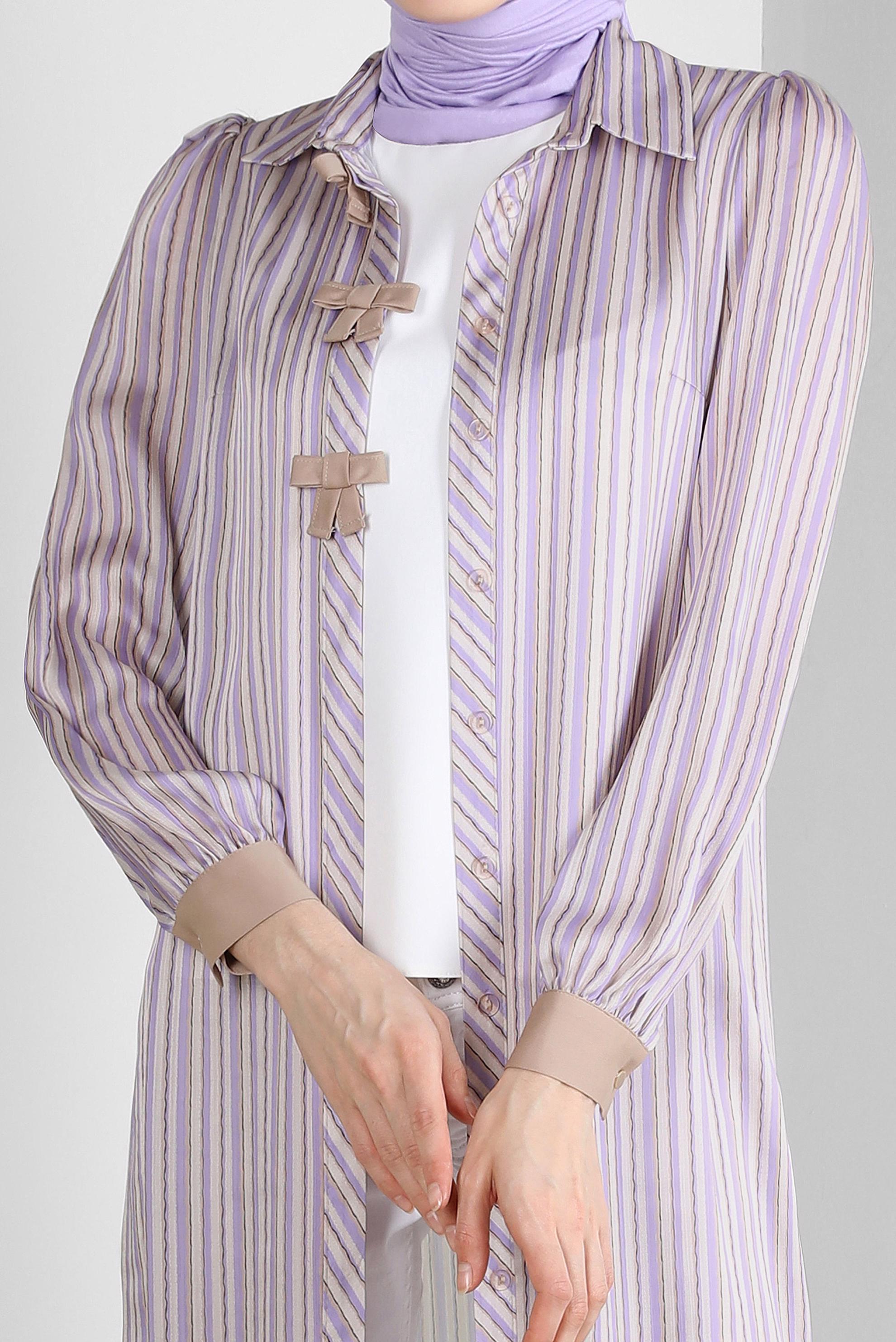 Tesettür giyim MOR ÇİZGİLİ KURDELE DETAYLI TUNİK 43737