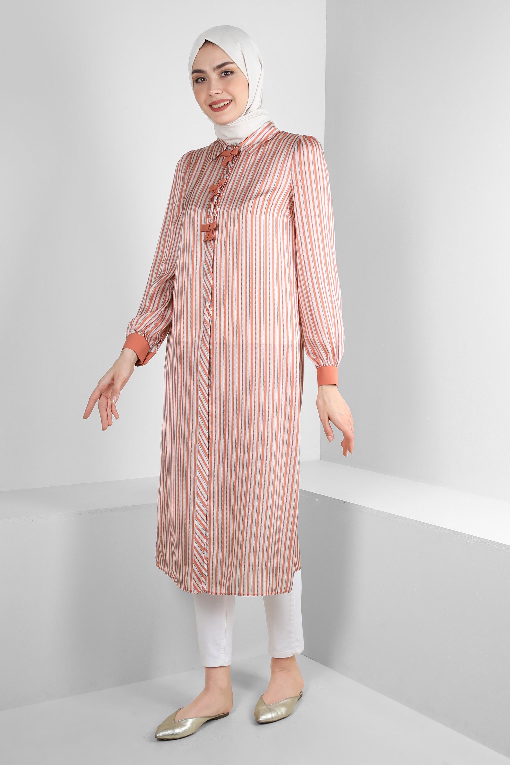 Tesettür giyim TURUNCU ÇİZGİLİ KURDELE DETAYLI TUNİK 43737