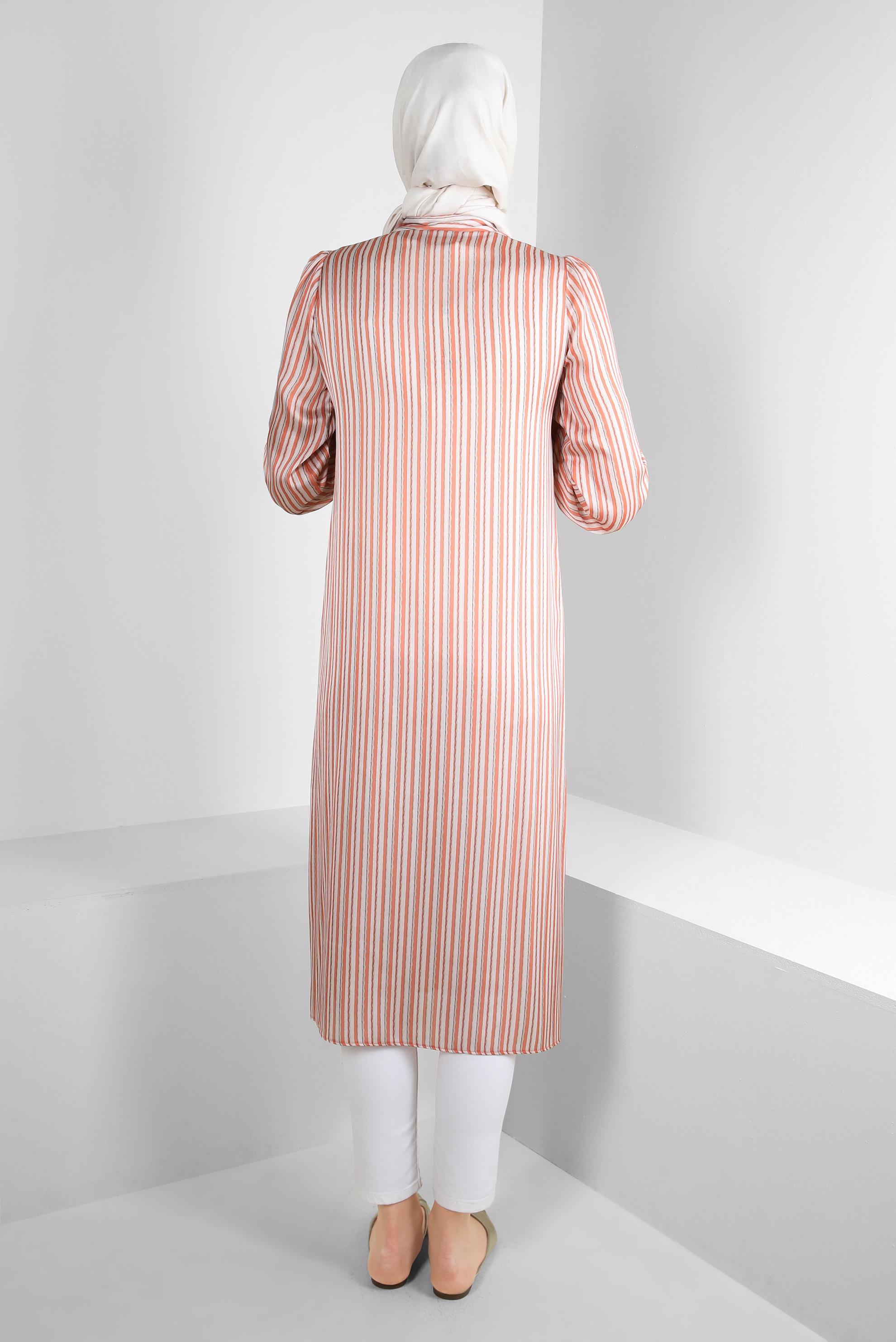 Tesettür giyim TURUNCU ÇİZGİLİ KURDELE DETAYLI TUNİK 43737