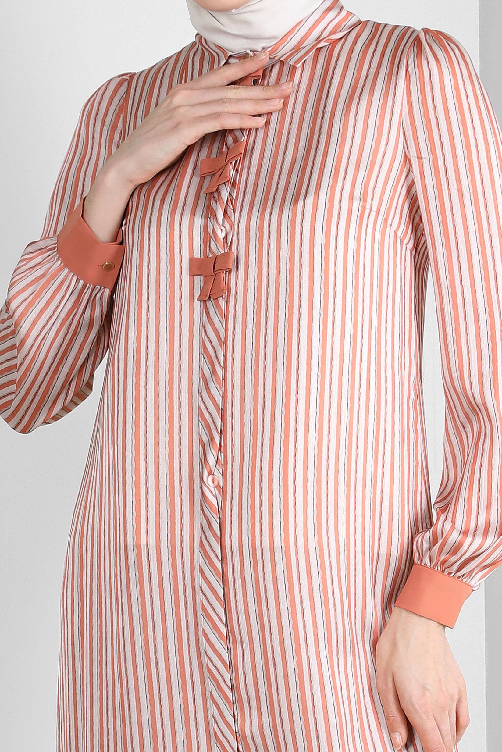 Tesettür giyim TURUNCU ÇİZGİLİ KURDELE DETAYLI TUNİK 43737