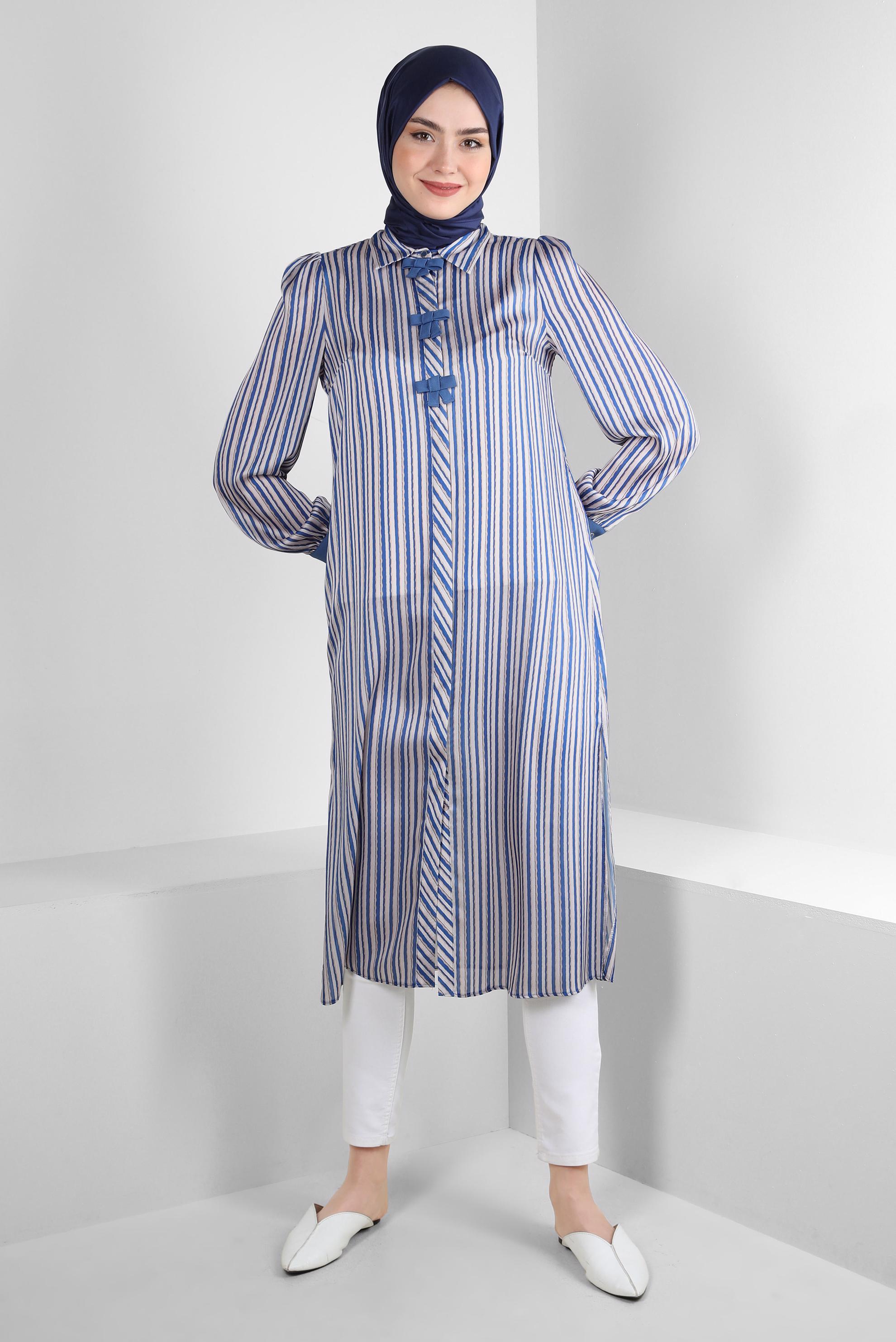 Tesettür giyim LACİVERT ÇİZGİLİ KURDELE DETAYLI TUNİK 43737