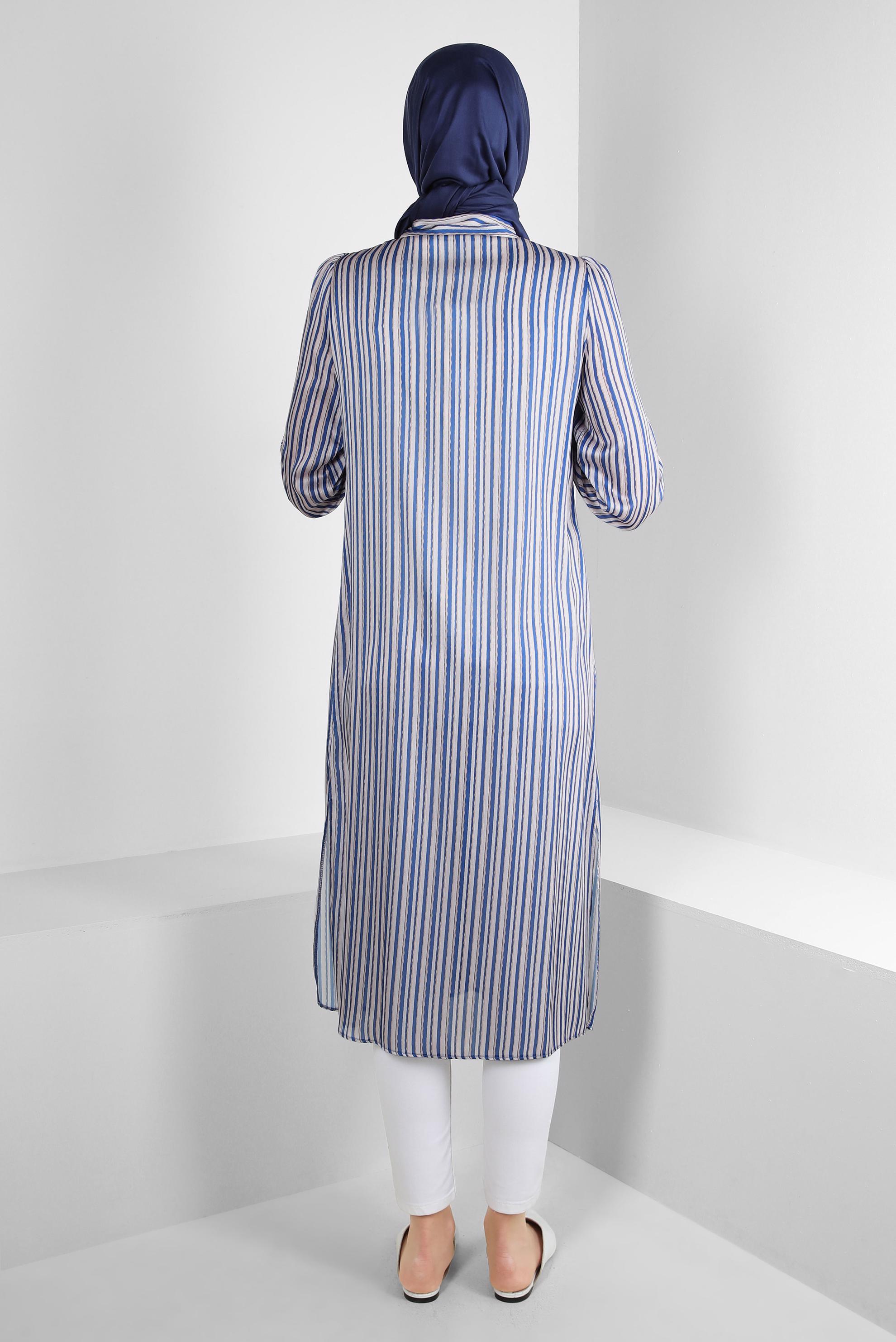 Tesettür giyim LACİVERT ÇİZGİLİ KURDELE DETAYLI TUNİK 43737