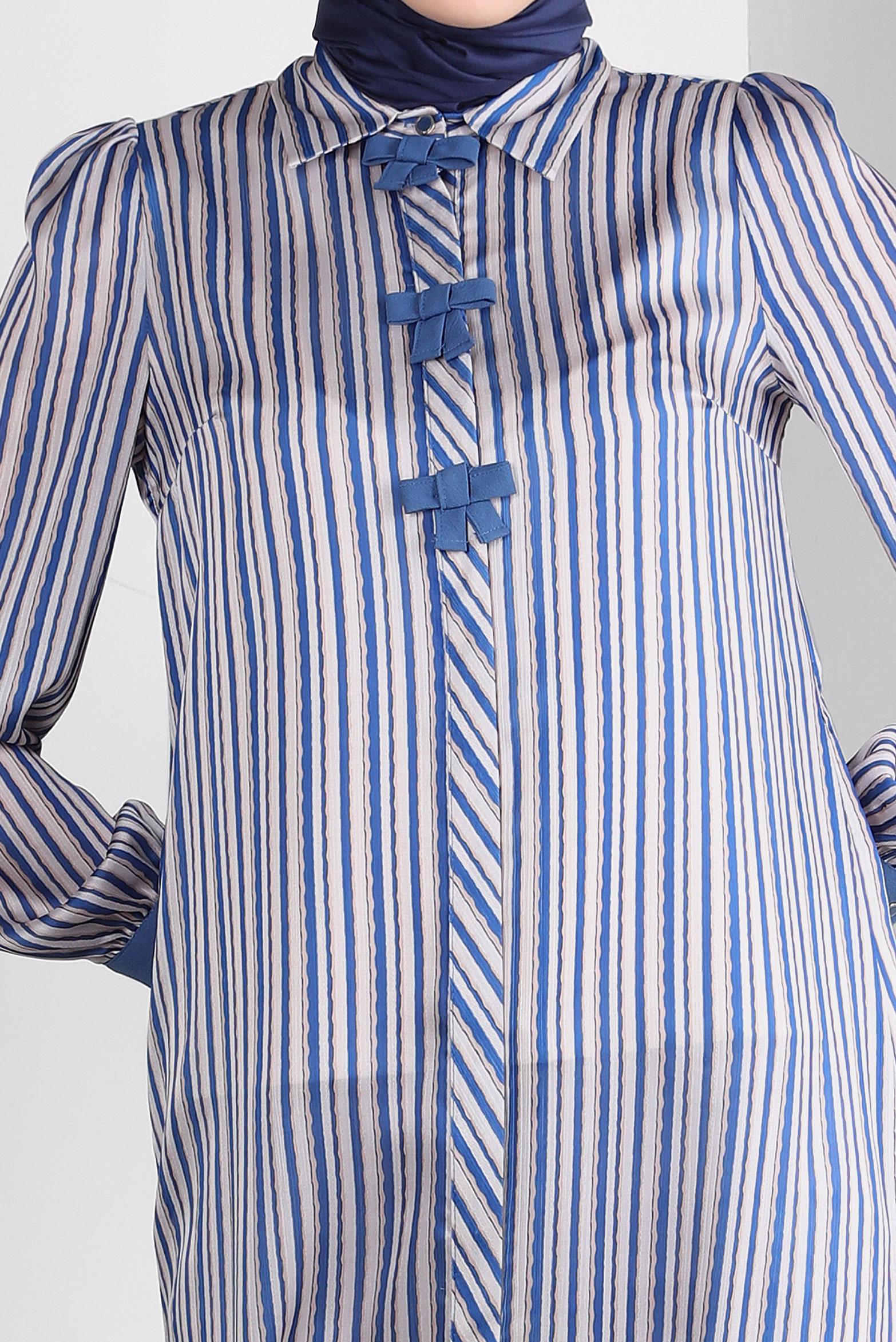 Tesettür giyim LACİVERT ÇİZGİLİ KURDELE DETAYLI TUNİK 43737