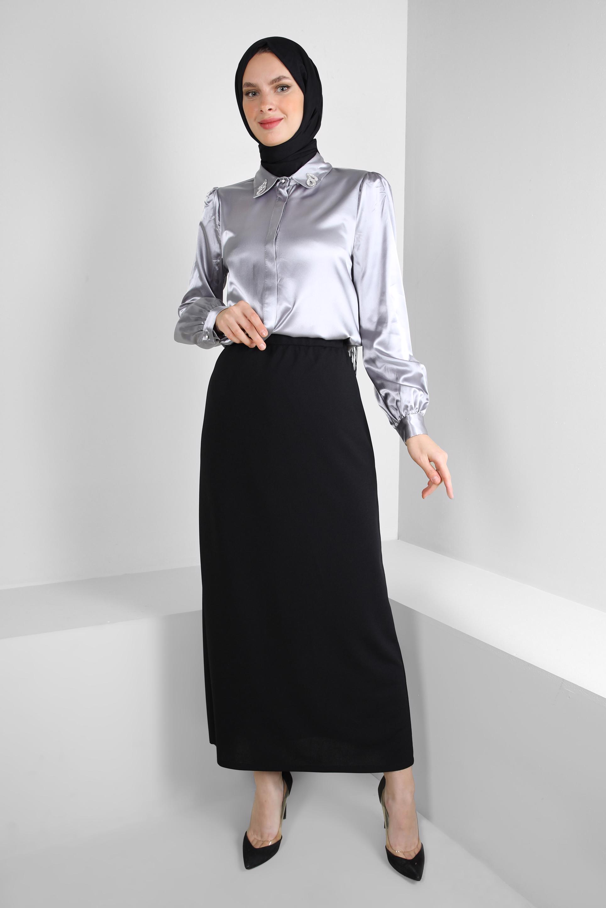 Vêtements hijab GRIS TUNIQUE EN SATIN BRODÉ DE GEMMES 43739