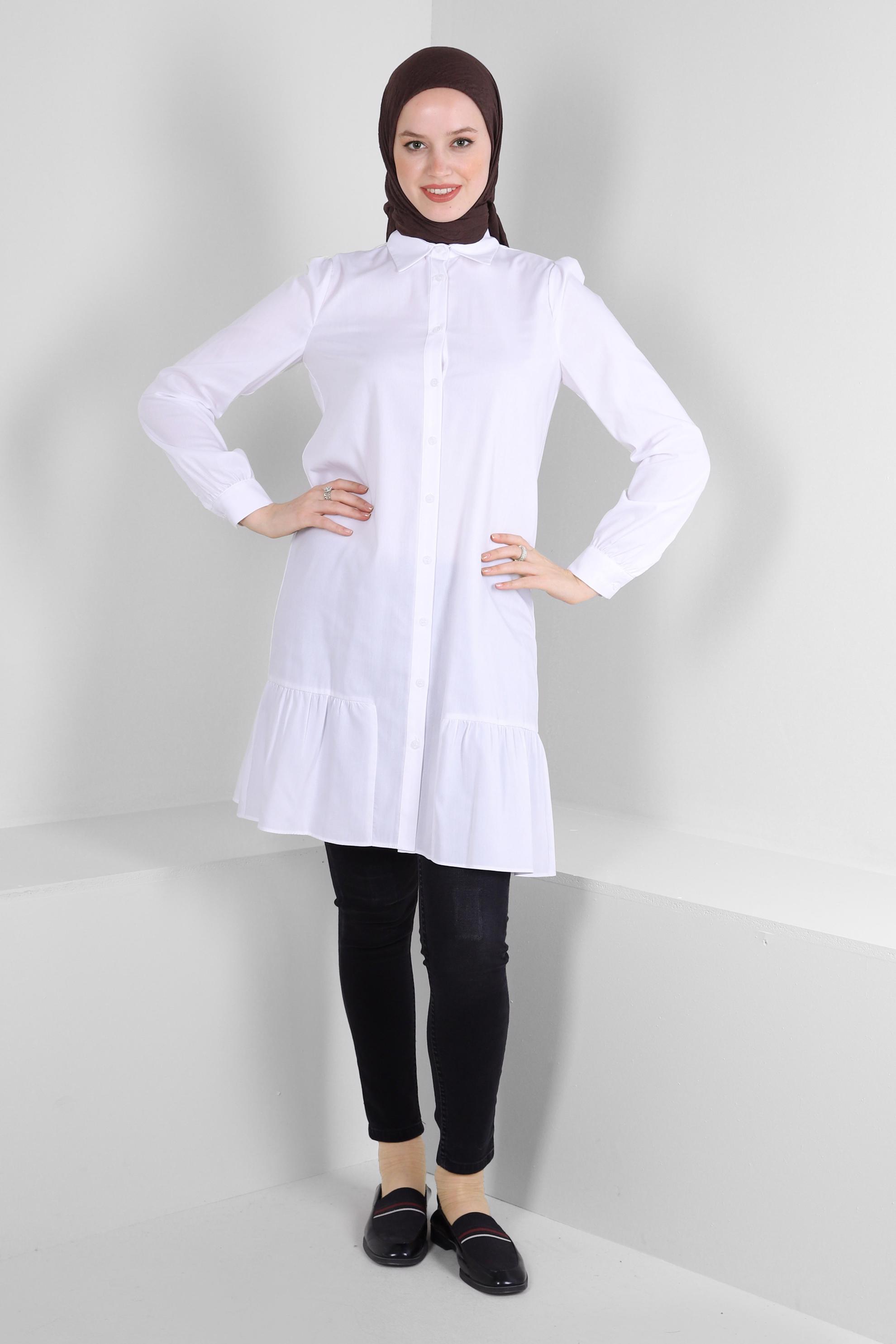 Tesettür giyim BEYAZ ETEK UCU VOLANLI GÖMLEK TUNİK 43757