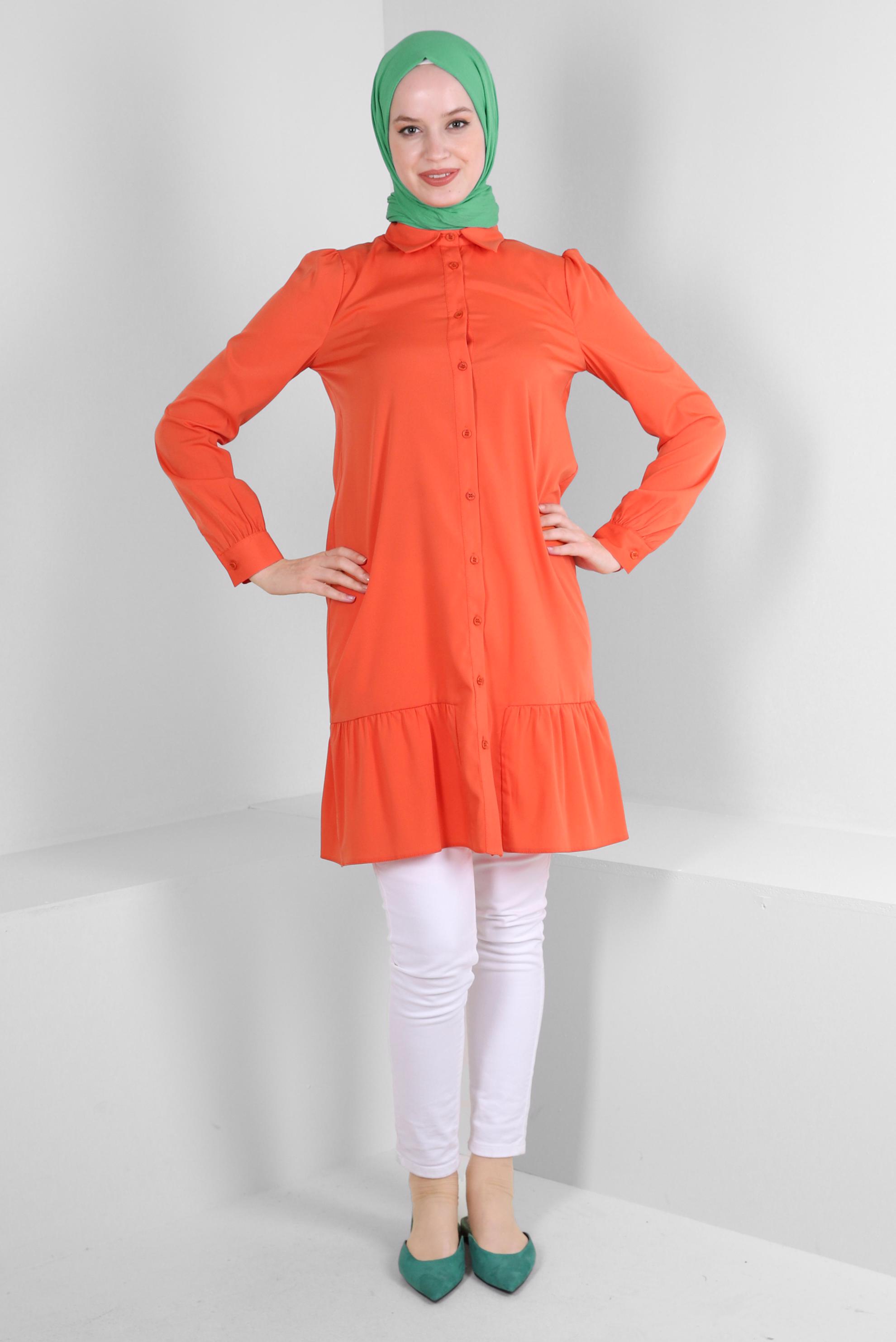Tesettür giyim TURUNCU ETEK UCU VOLANLI GÖMLEK TUNİK 43757