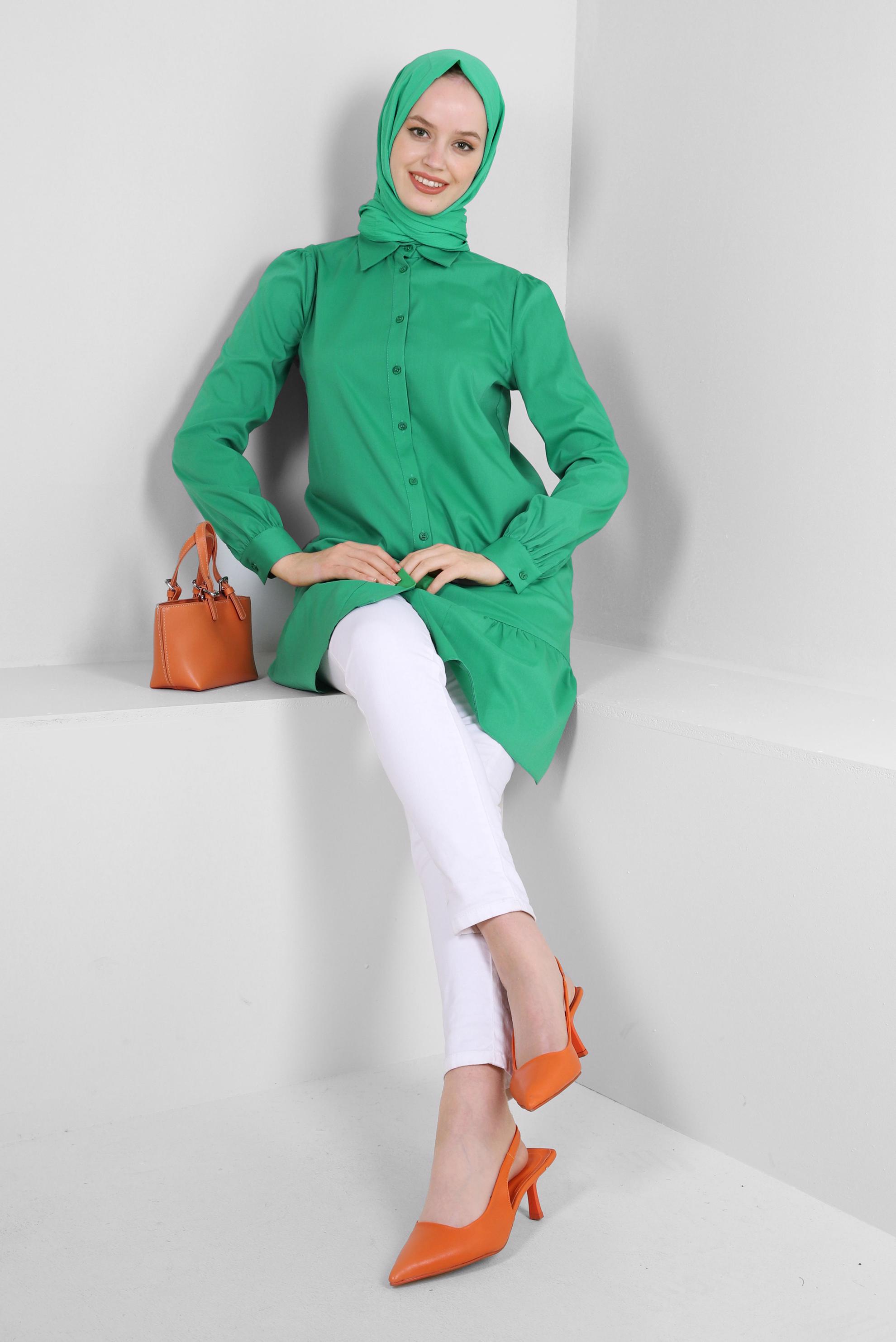 Tesettür giyim YEŞİL ETEK UCU VOLANLI GÖMLEK TUNİK 43757