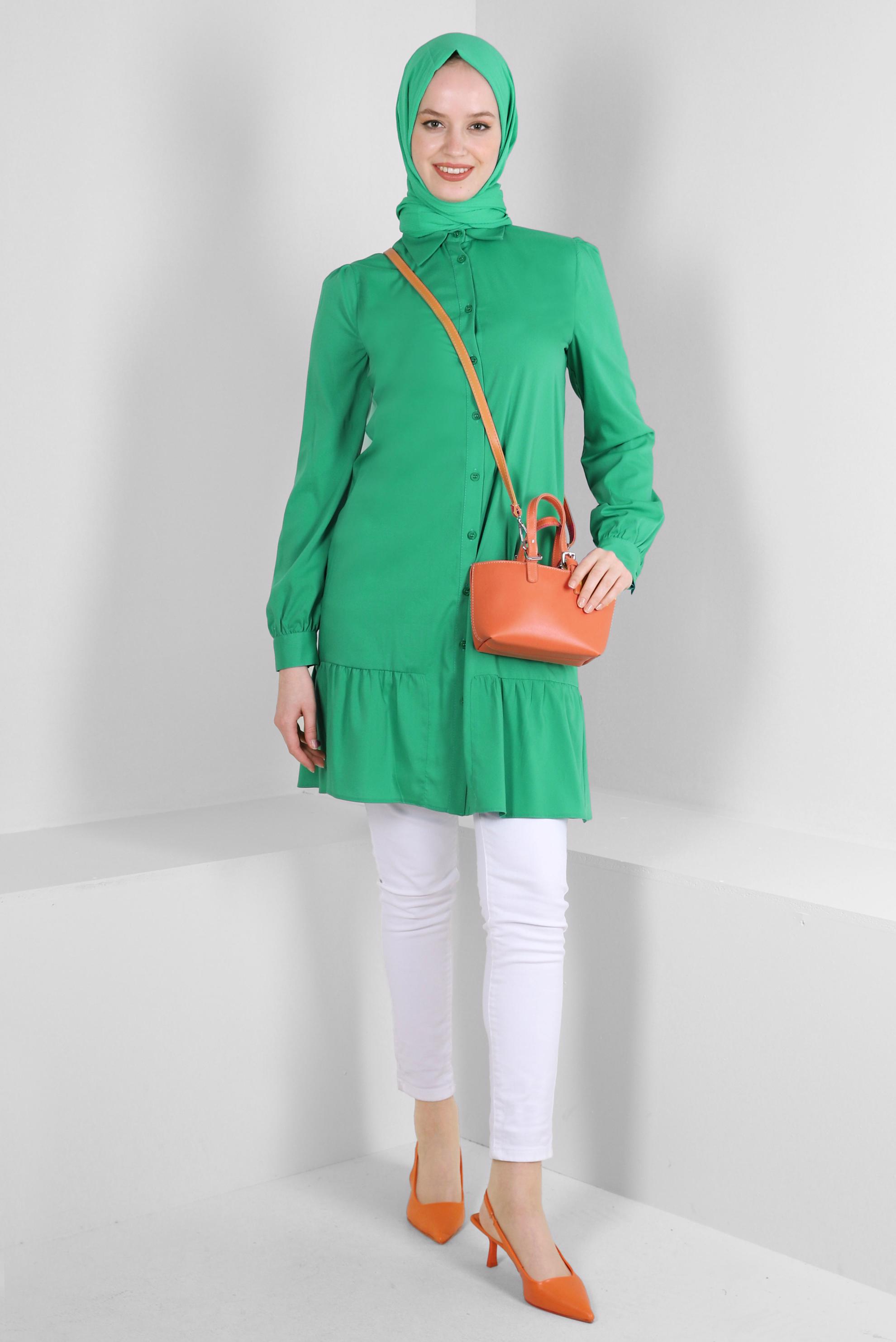 Tesettür giyim YEŞİL ETEK UCU VOLANLI GÖMLEK TUNİK 43757