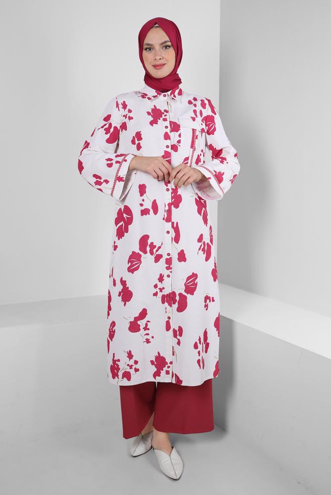 Tesettür giyim  DESENLİ DÜĞMELİ GENİŞ KOL UZUN TUNİK 43758 - ALVİNA