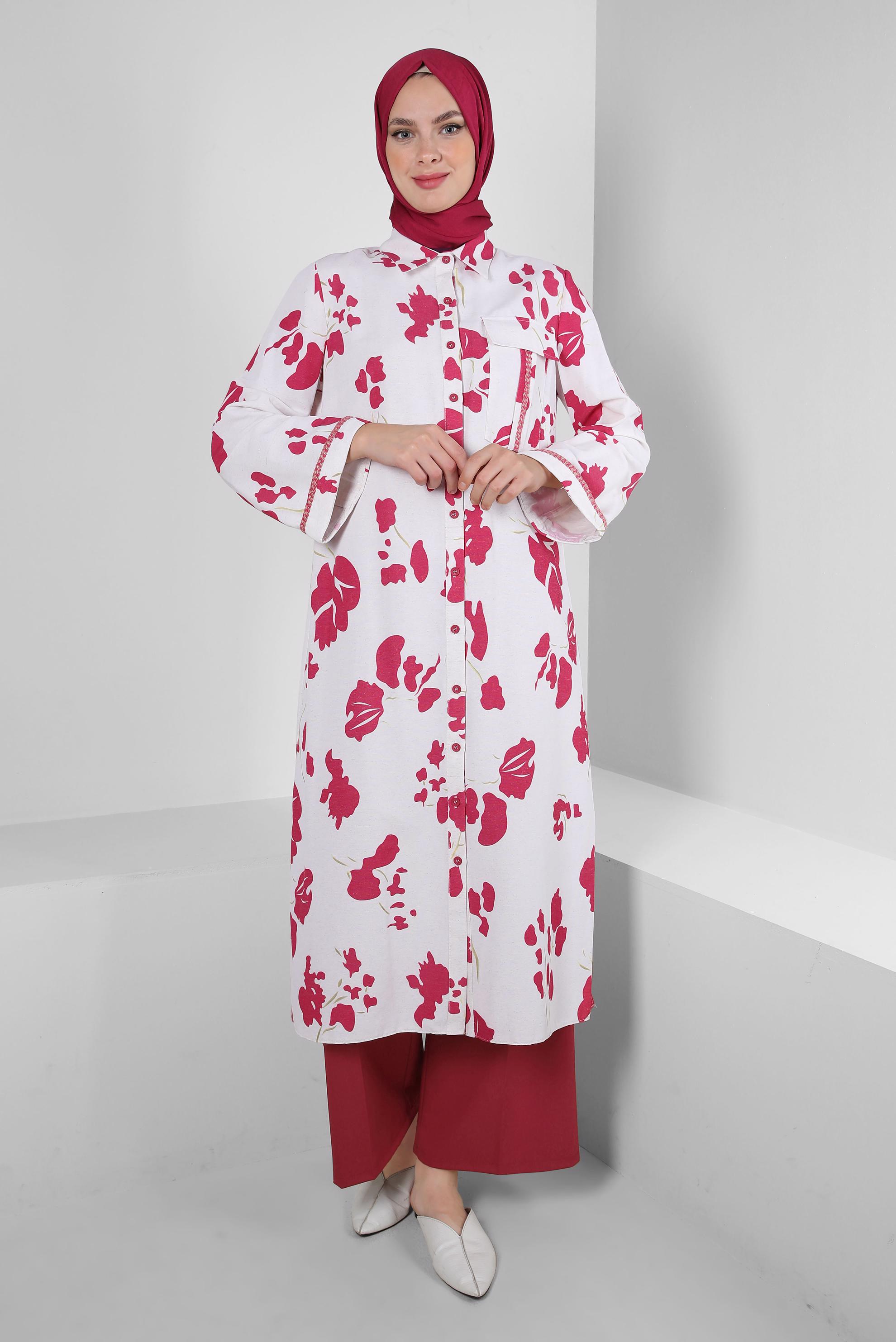 Tesettür giyim FUŞYA DESENLİ DÜĞMELİ GENİŞ KOL UZUN TUNİK 43758