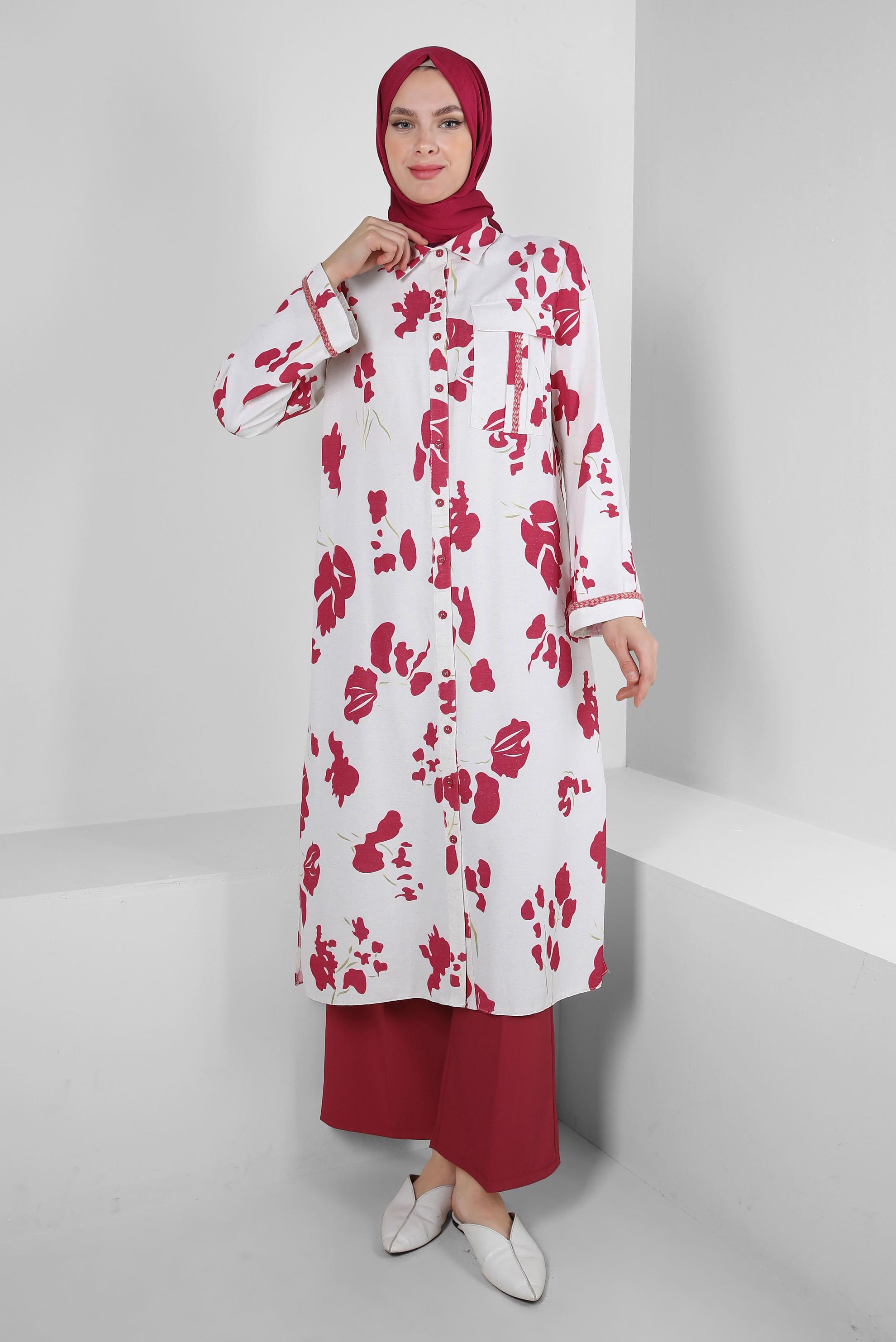 Tesettür giyim FUŞYA DESENLİ DÜĞMELİ GENİŞ KOL UZUN TUNİK 43758