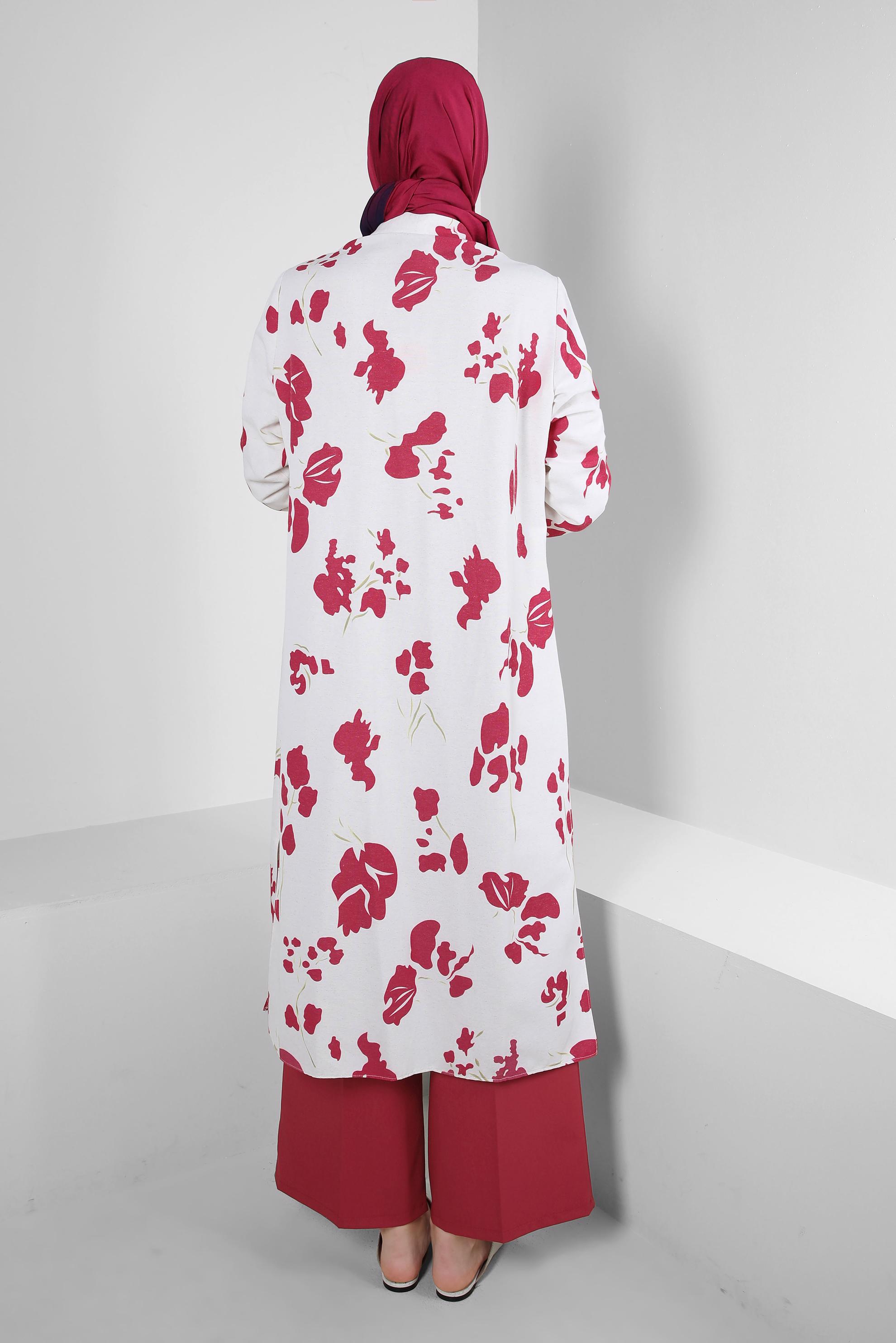 Tesettür giyim FUŞYA DESENLİ DÜĞMELİ GENİŞ KOL UZUN TUNİK 43758