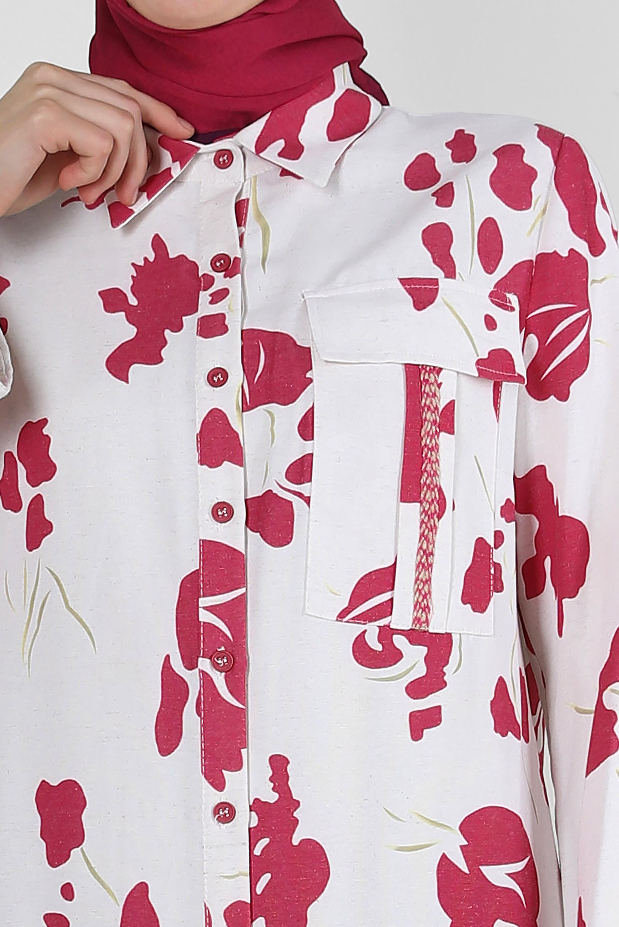 Tesettür giyim FUŞYA DESENLİ DÜĞMELİ GENİŞ KOL UZUN TUNİK 43758