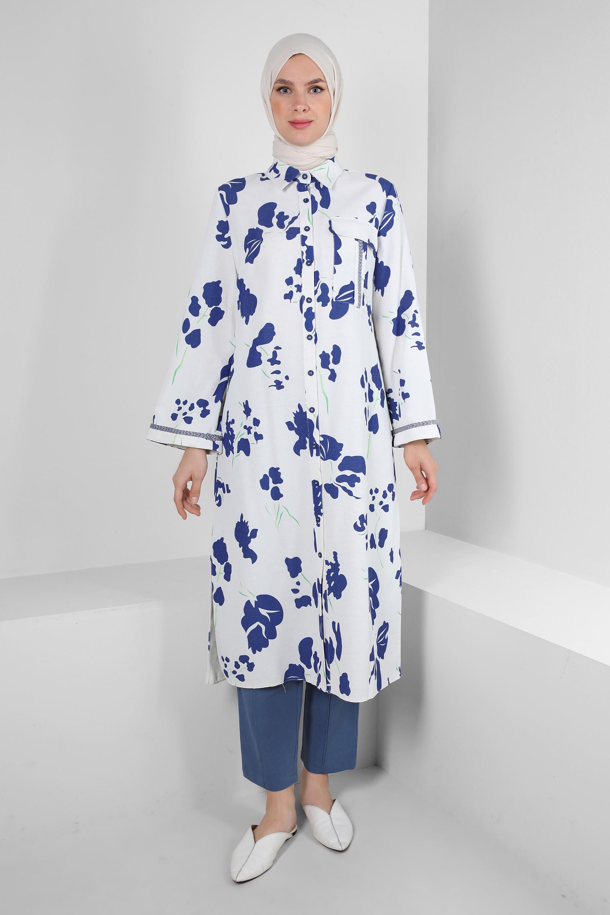 Tesettür giyim LACİVERT DESENLİ DÜĞMELİ GENİŞ KOL UZUN TUNİK 43758