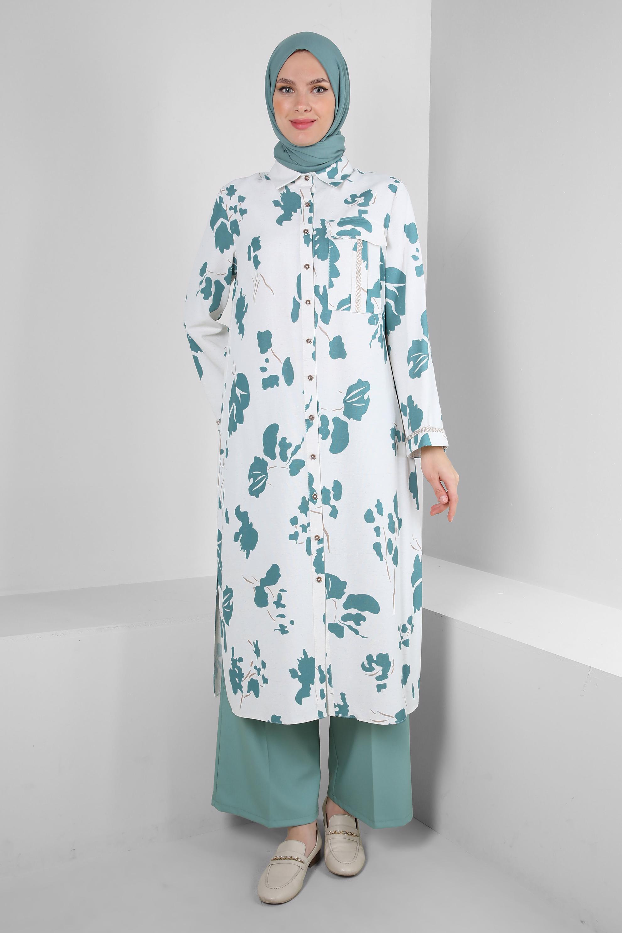 Tesettür giyim MAVİ DESENLİ DÜĞMELİ GENİŞ KOL UZUN TUNİK 43758