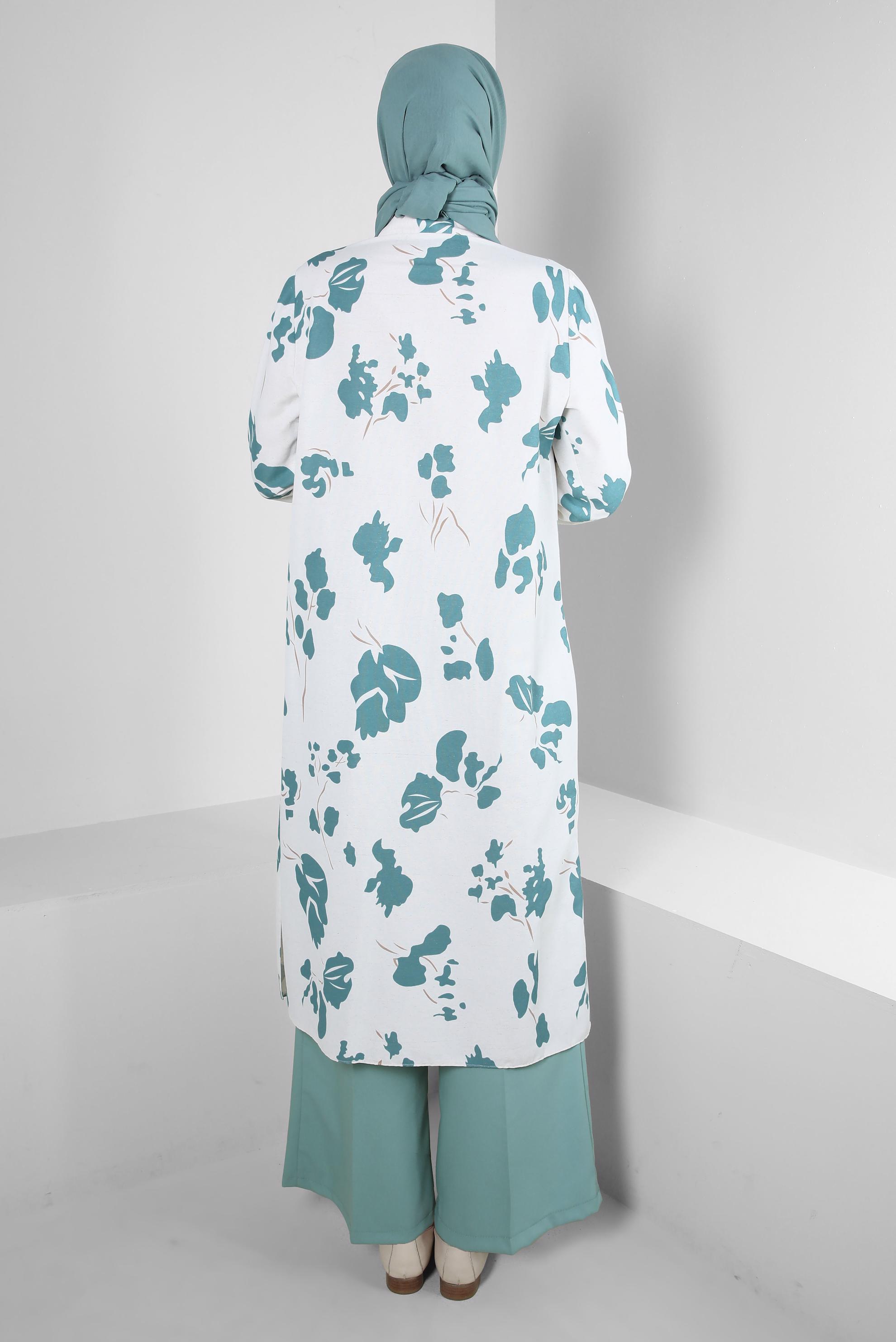 Tesettür giyim MAVİ DESENLİ DÜĞMELİ GENİŞ KOL UZUN TUNİK 43758